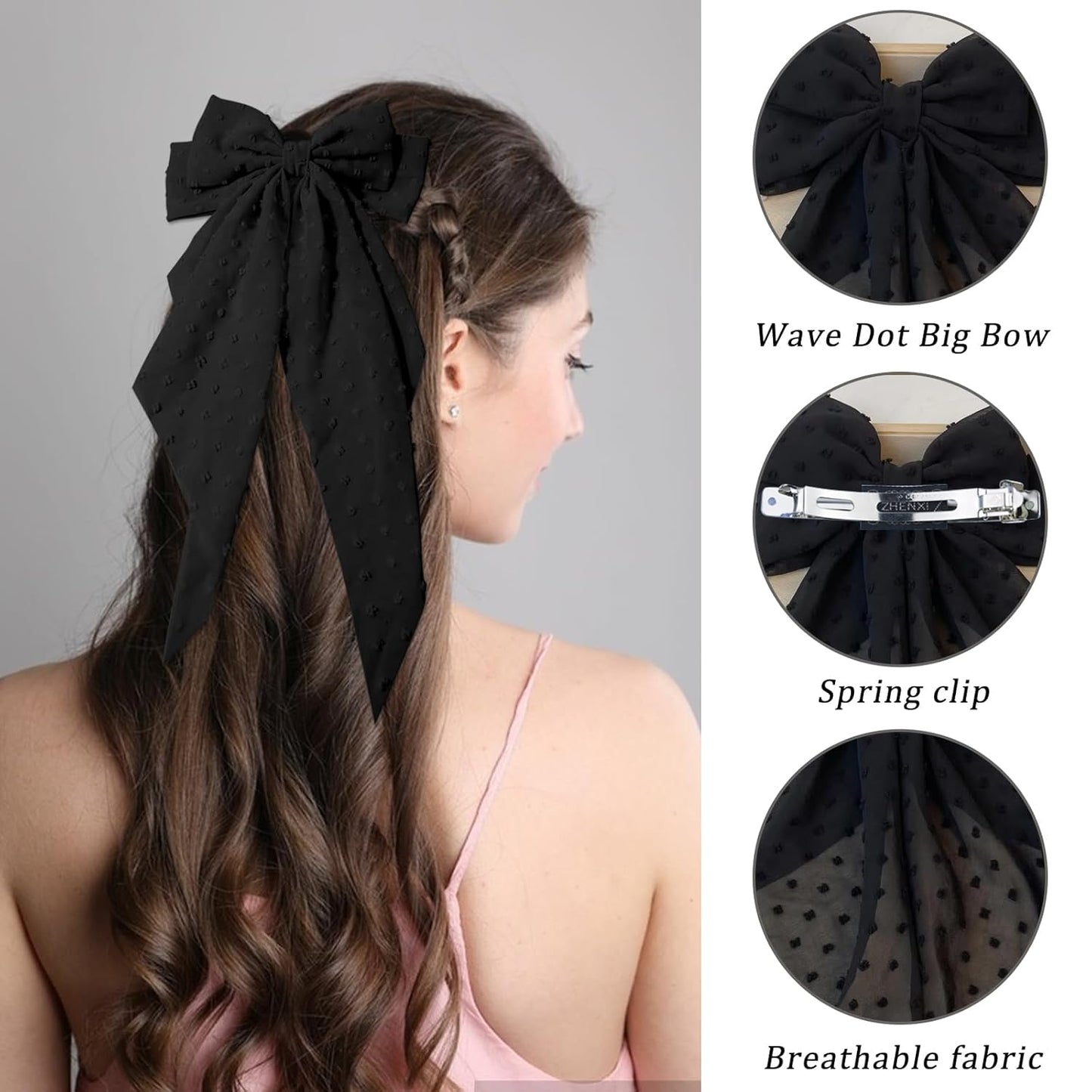 Large Hair Bows for Women - 4 Pcs Big Bow Clips | French Barrette Bowknot with Long Tail (Pink, Blue, White, Black)