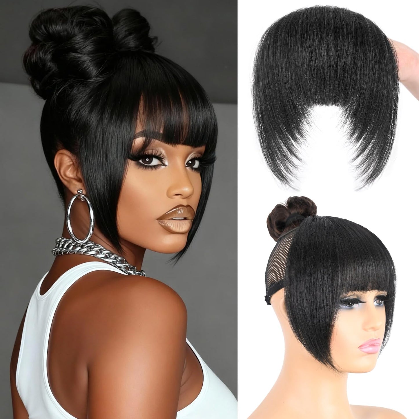 Yaki Straight Clip-In Bangs for Black Women - Natural-Looking Synthetic Hair Fringe | 3 Secure Clips, Kinky Straight, Natural Black