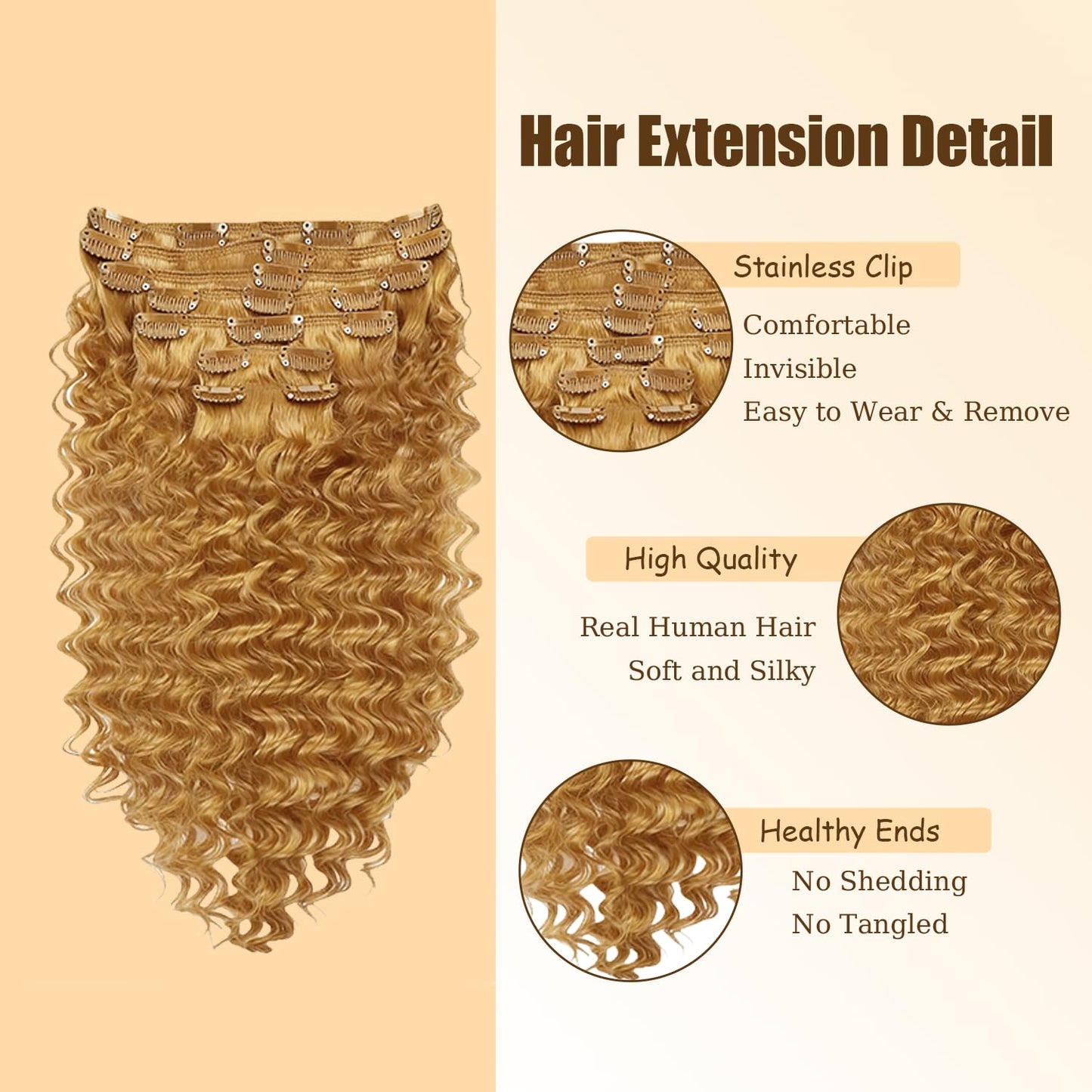#27 Blonde Clip in Hair Extensions Real Human Hair,30 Inch 120g/7Pcs,Full Shine Remy Human Hair,Honey Blonde Deep Wave Clip ins Brazilian Virgin Human Hair Extensions