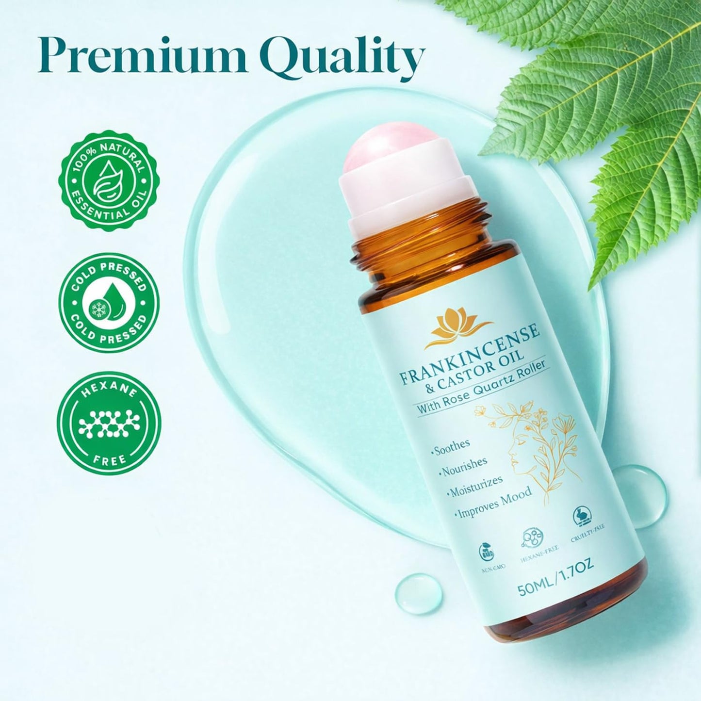 Peehss Castor Oil and Frankincense Roll On – Rose Quartz Roller Ball, Organic Cold Pressed Castor Oil for Eyebrows, Face & Neck, Firms Skin Feel Soft Smooth & Brightens Eyes, 1.7 fl oz