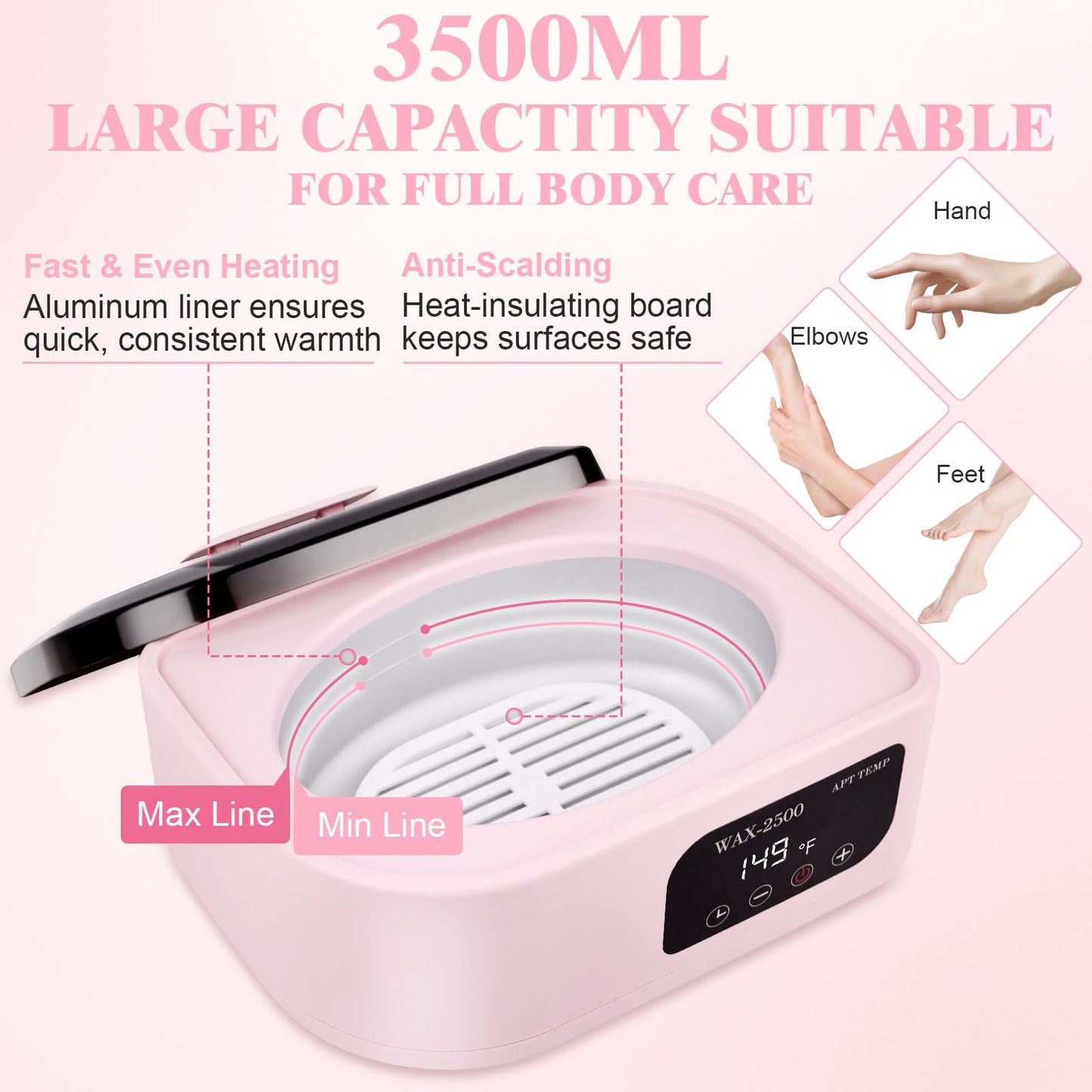 Beauty Star Paraffin Wax Machine for Hands and Feet – 3500ml Large Capacity with Auto Timer & Keep Warm Function – Moisturizing Kit for Arthritis Relief, Dry Skin, and Spa Home Use (Pink)
