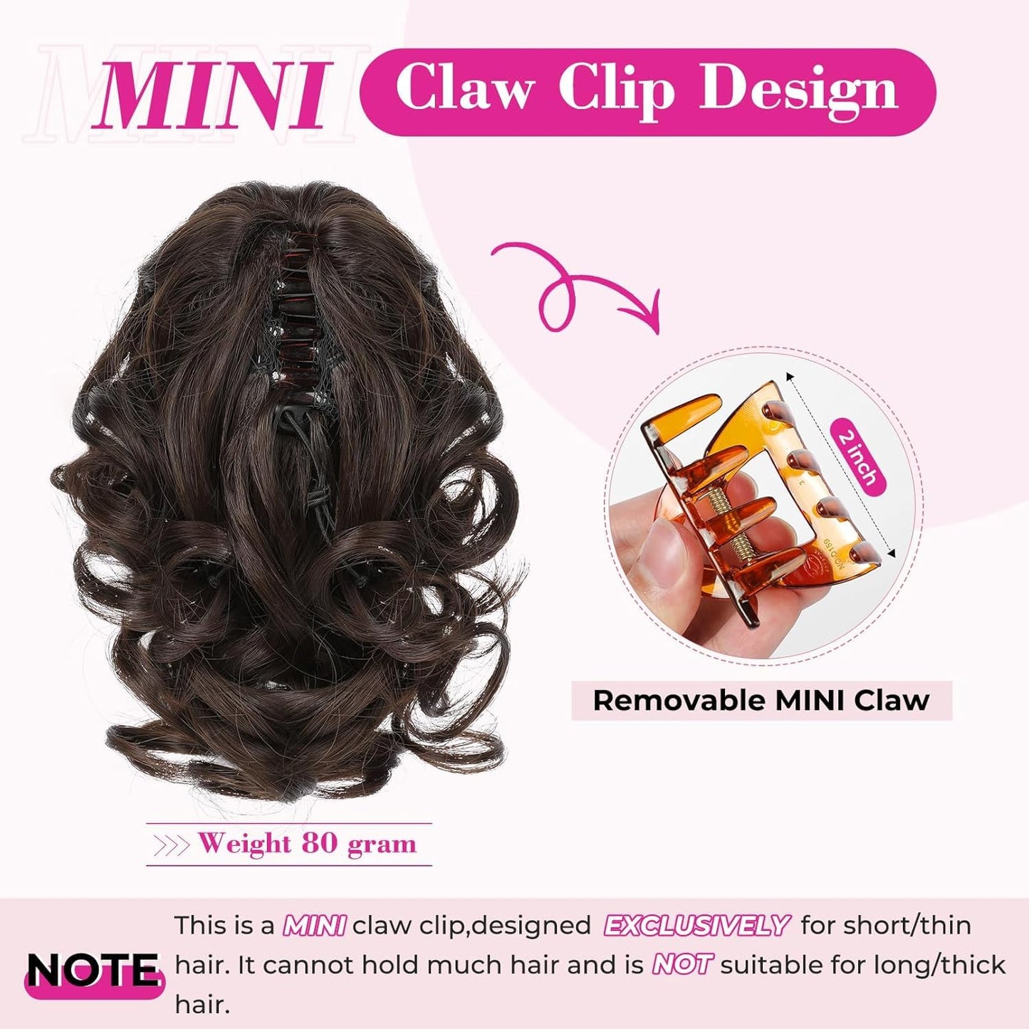 Ponytail Extension - 9" Short Curly Wavy Claw Clip Hairpiece | Chocolate Brown with Highlights