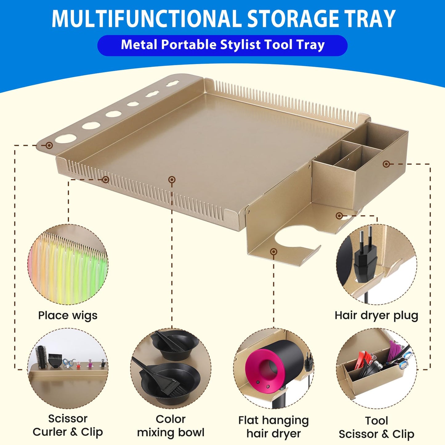 Salon Rolling Tray on Wheels with Adjustable Height - Salon & Spa Service Tray for Hair Stylist, Tattoo & Dental Use (Gold)