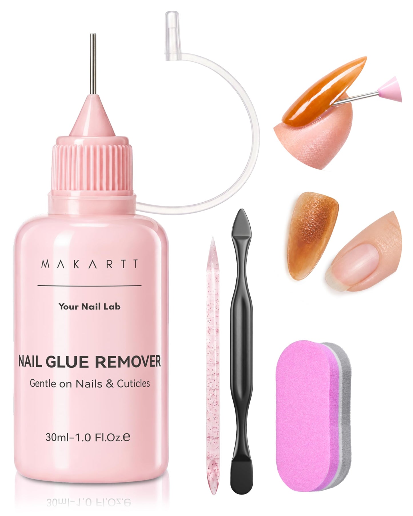 Makartt Jojoba Oil Nail Glue Remover for Press On Nails, Acetone-Free, Gentle At-Home Remover for Regular Glue, Semi and Solid Glue Gel, 30ML Kit with Pusher, Stick and Mini Buffer,Hema-Free