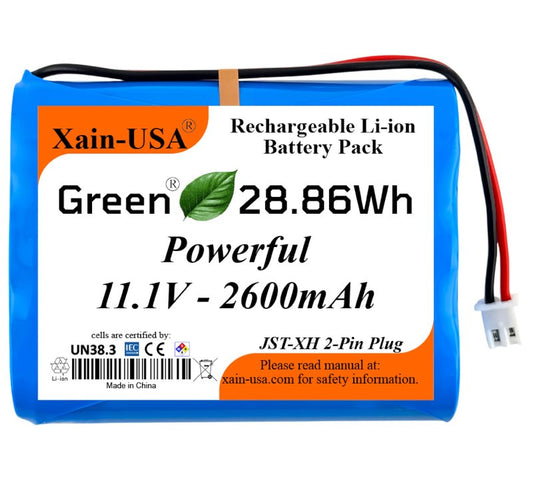 Xain-USA Powerful Replacement 11.1V Li-ion Battery. 2600mAh Capacity, 3S1P config, JST-XH2.54 Connector, Built-in BMS. Ideal for Super LifeJacket Jolt Rugged IMW888S, IMW889N-BLKC.