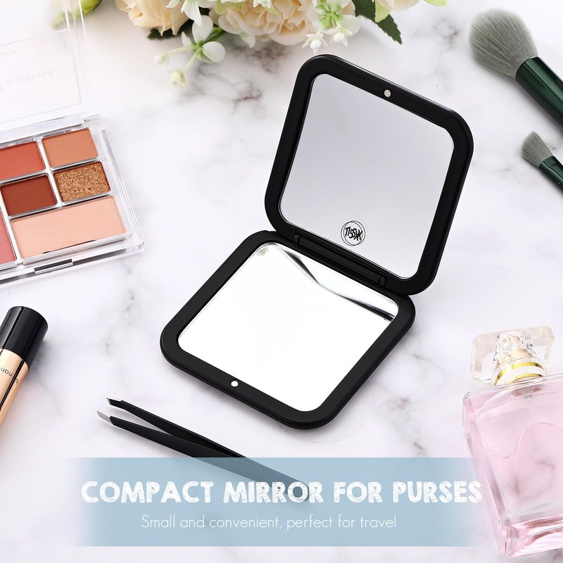 Geetery Travel Compact Magnifying Mirror with Tweezers, 1X/15X Magnification, 3.35'' x 3.35'' Pocket Size, Folding Makeup Mirror, Portable for Travel and Purses (Black)