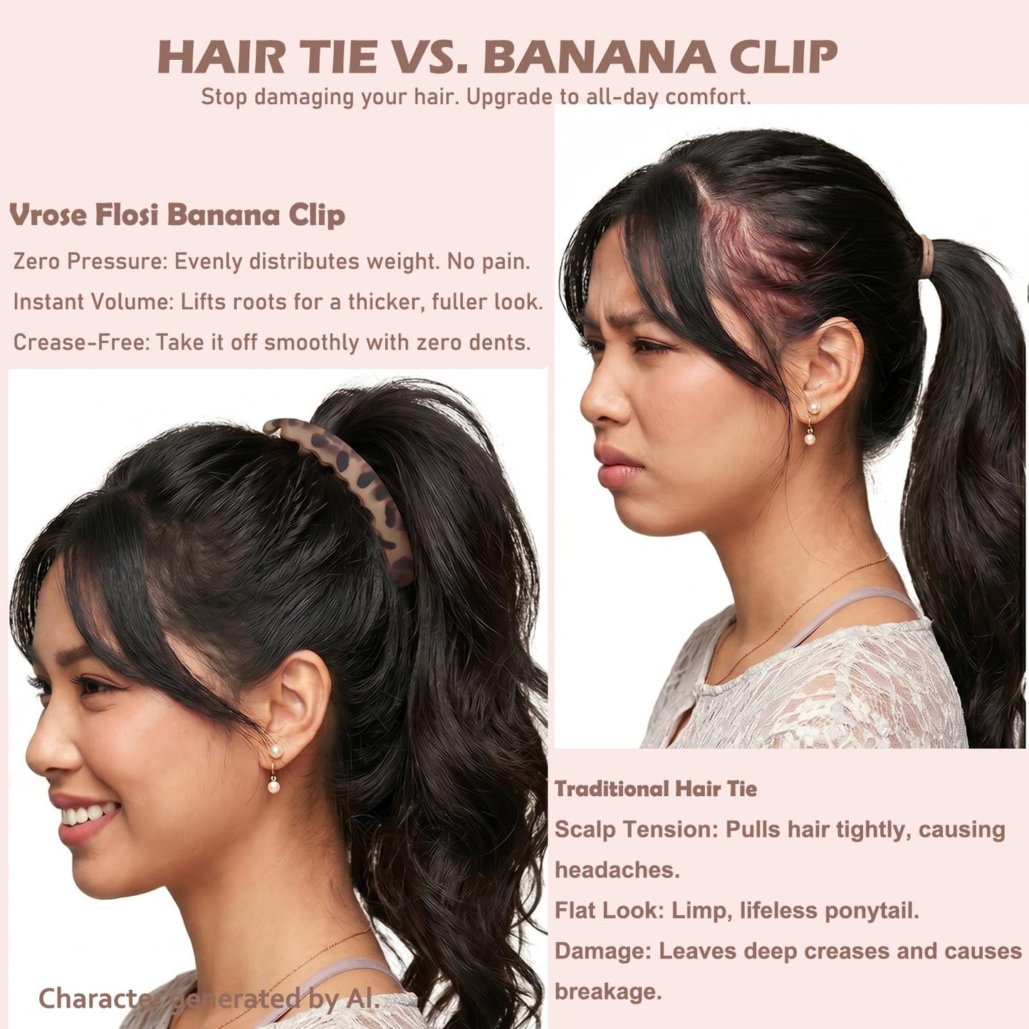 Vrose Flosi Retro Banana Clip Effortless French styling fr 3-4.5" ponytails No Crease No Demage Volume Flat lay design offers headrest comfort Durable dual-lock teeth secure hold Y2K hair Accessories