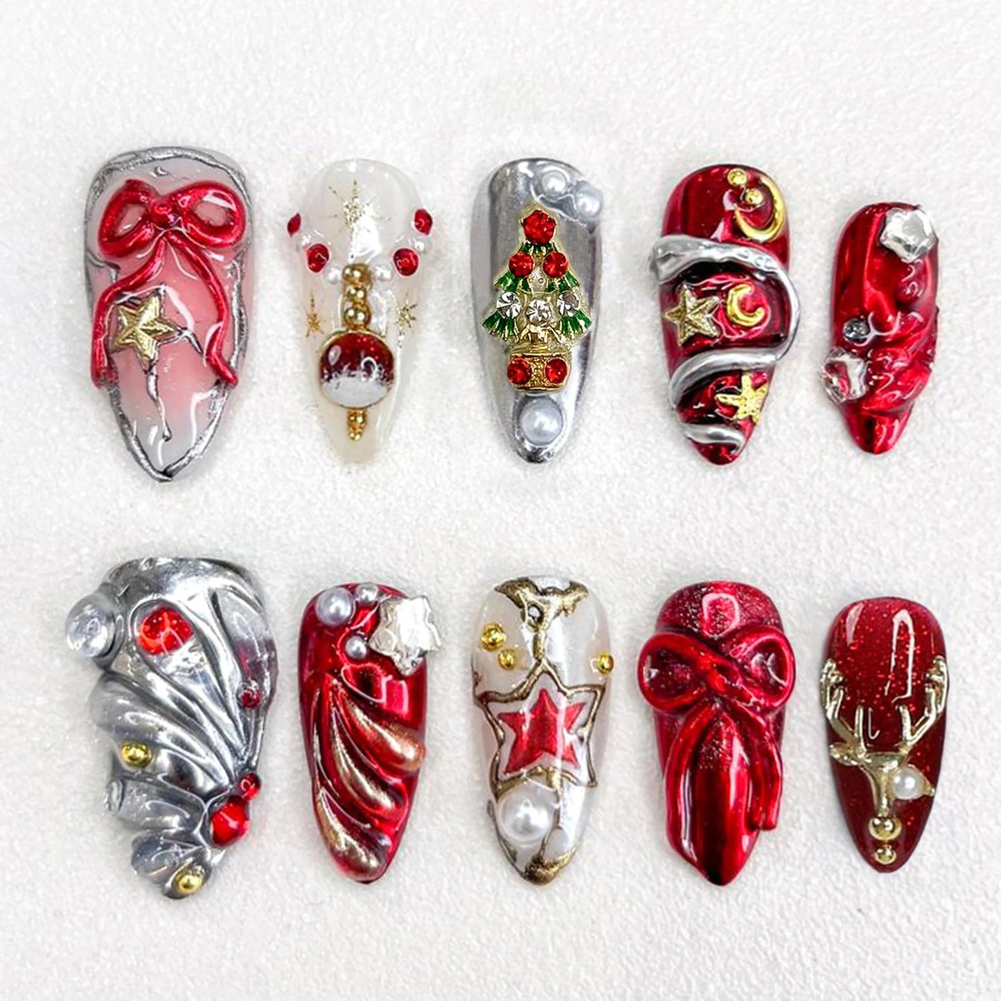 French Tip Press-On Nails - 24 Pcs Medium Almond with 3D Flower & Gold Rhinestones | Full Cover Nude Artificial Nails