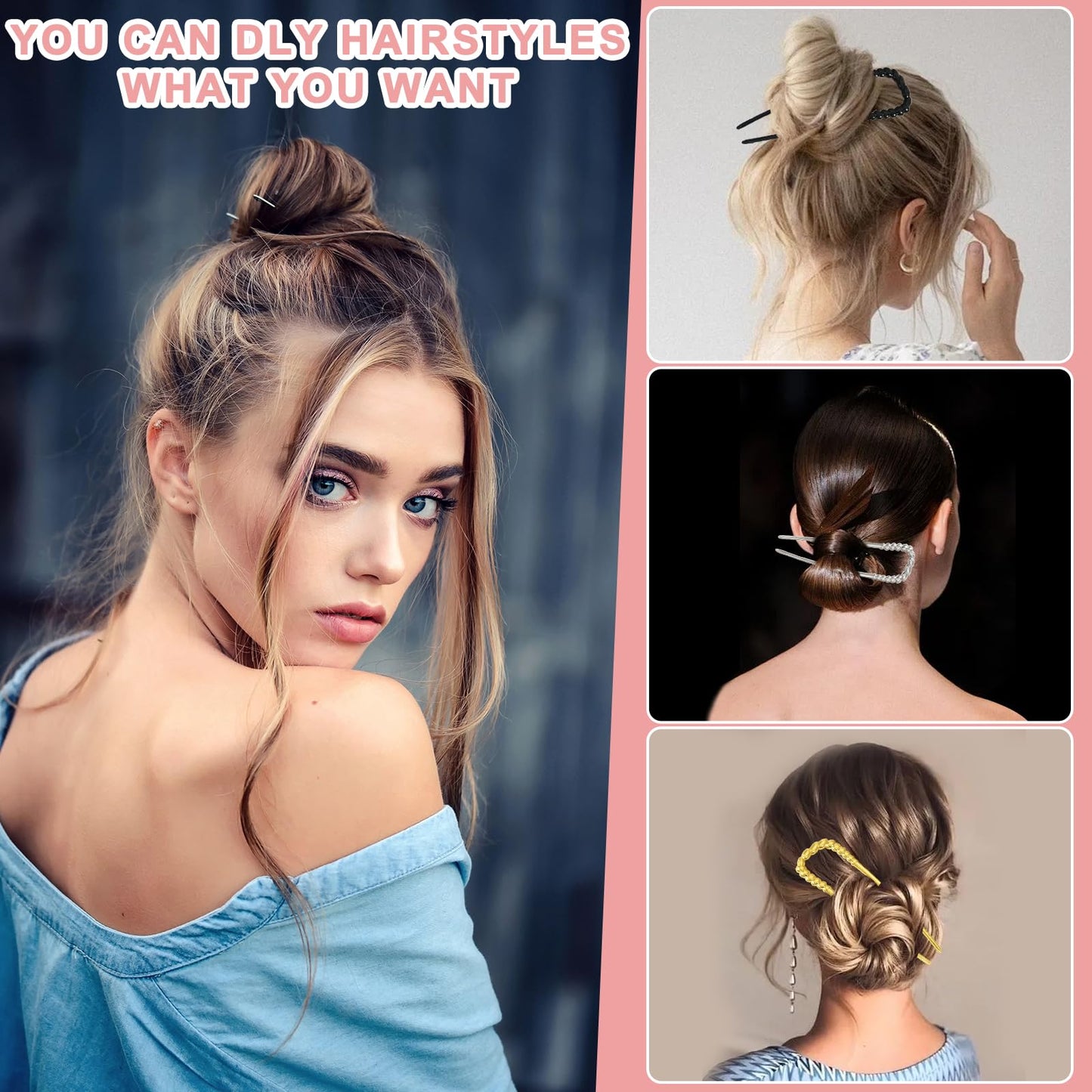 3pcs Metal French Hair Pins,U-Shaped Long Chignon 2 Prong Sticks for Buns, French Twist Hair Pin, Hair Sticks, Hair Fork