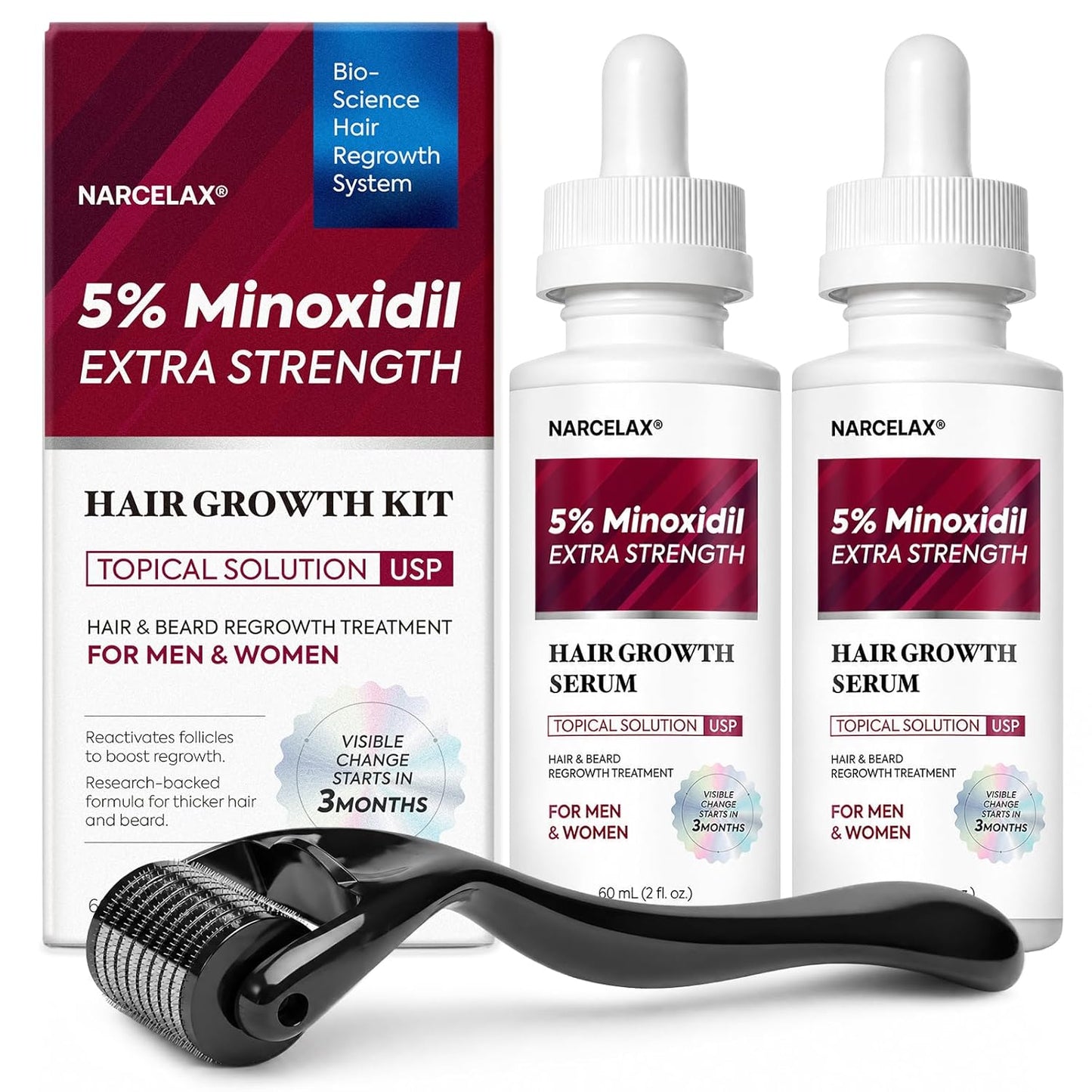 Minoxidil Hair Growth Kit for Men & Women - Extra Strength Serum with Biotin for Thinning Hair | 60ml (2 Fl Oz, Pack of 2)