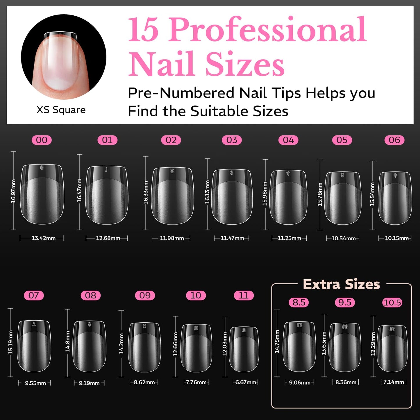 Extra Short Square Nail Tips, 600pcs Pre Etched Soft Gel Nail Tips 15Sizes Acrylic Fake Nails Half Matte Full Cover Clear Press On False Nail Extensions for DIY Manicure at Home Nail Art
