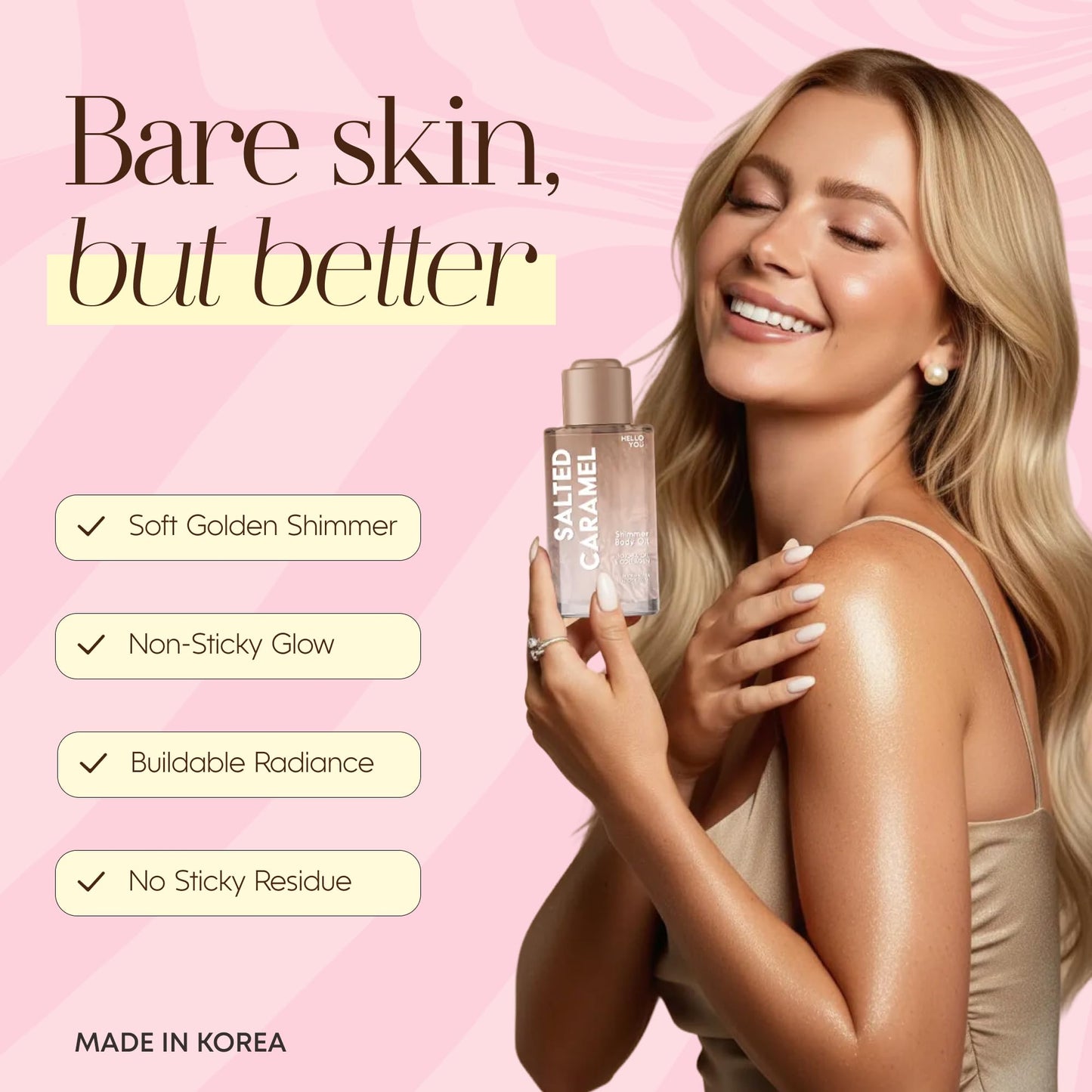Hello You Jojoba Oil & Collagen Shimmer Body Oil – Dermatologist Tested, Anti Aging, Korean Skin Care – Firming Glow, Hydrating Moisturizer with Salted Caramel Scent – Vegan Clean Beauty – 3.38 Fl Oz