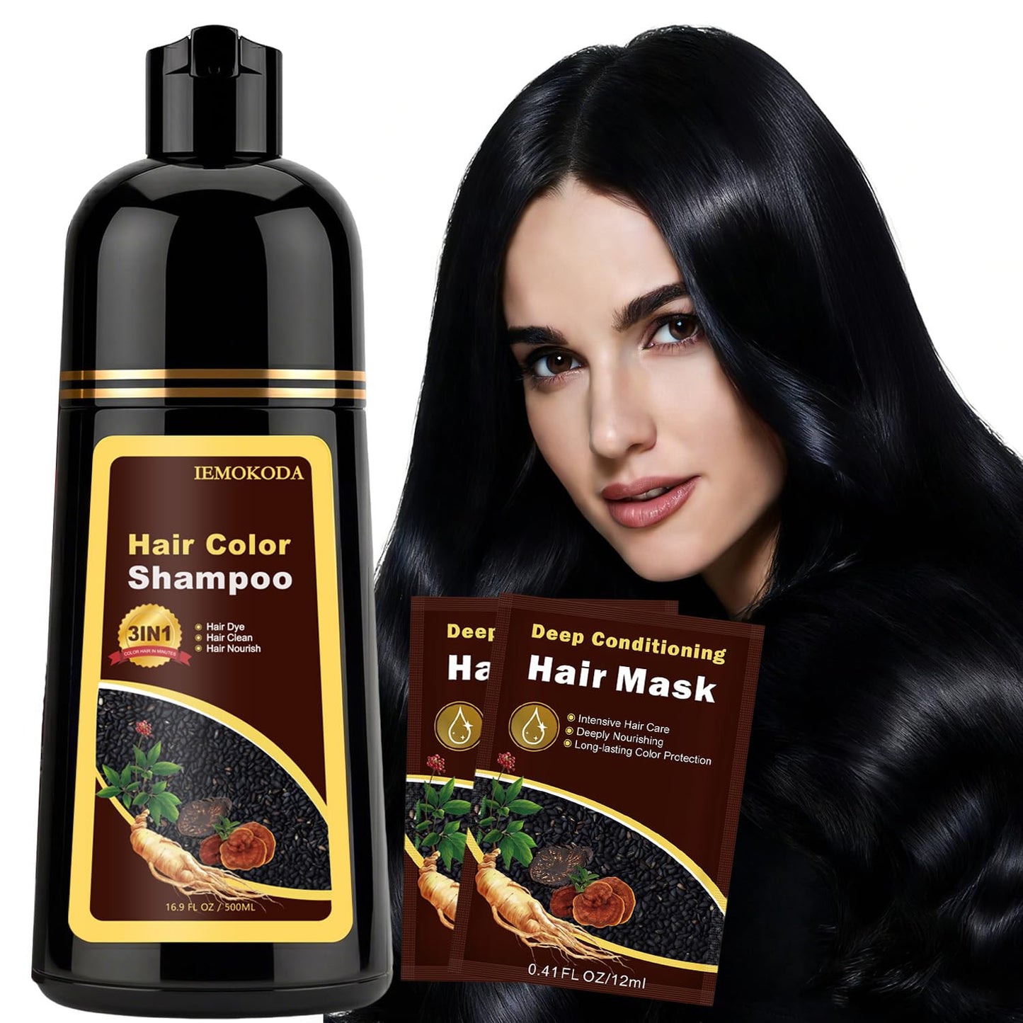 Instant Black Hair Dye Shampoo - 100% Gray Coverage | Herbal Formula, 3-in-1 Care, 500ML
