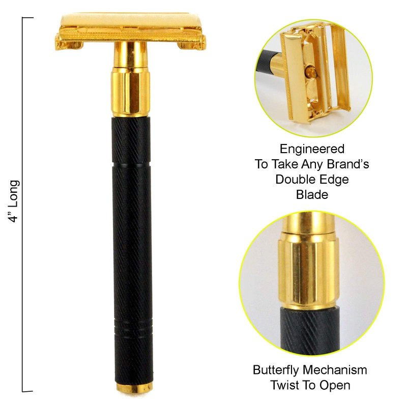 Krisp Beauty Double Edge Safety Razor - Butterfly Open Long Handled Men's Beard Shaving Razor with 5 Premium Blades
