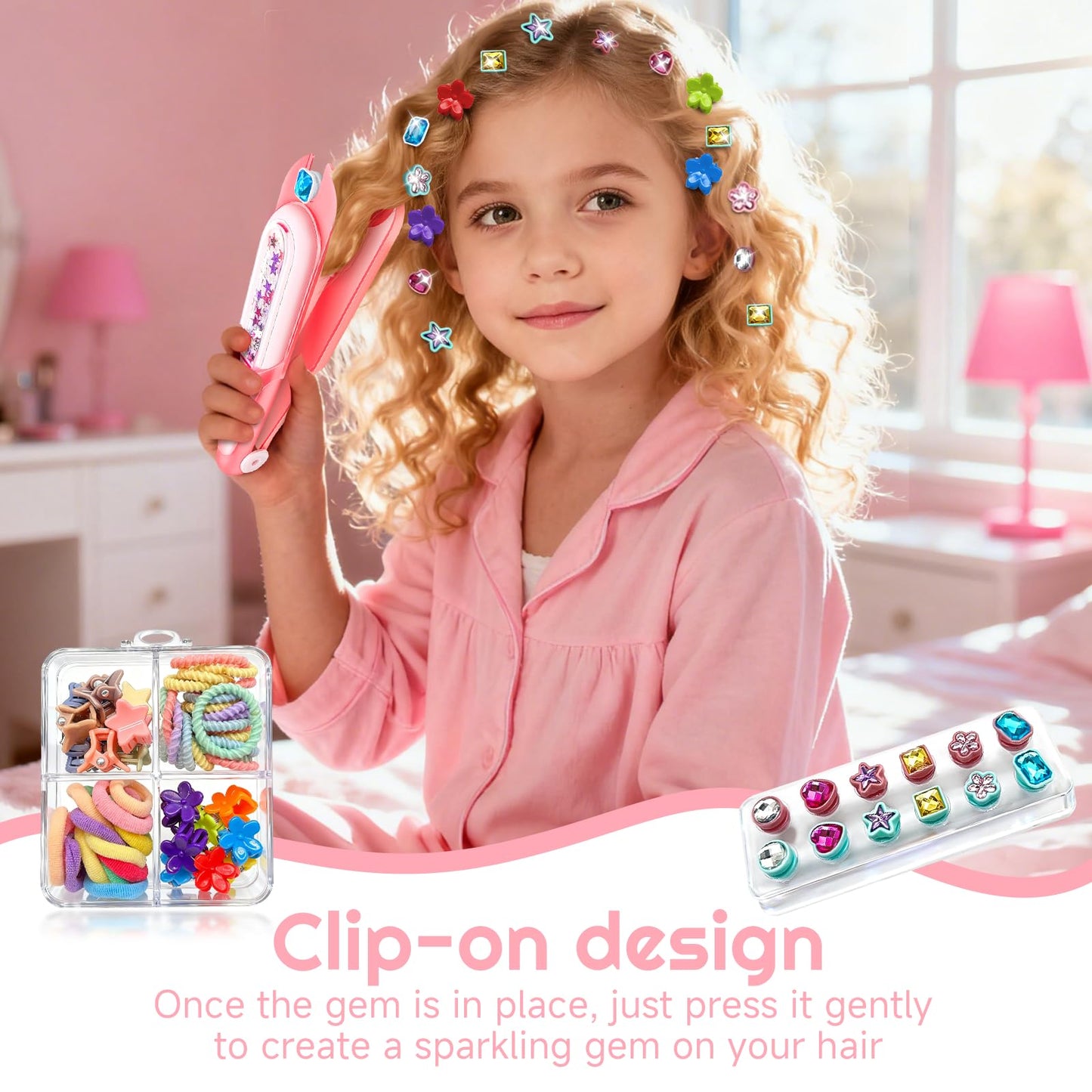 CLRDZN Hair Gem Stamper Kit,Hair Ties and Hair Clips Bling Hair Jewels for Girls Toys, Hair Styling Tool with Reusable Shining Diamonds, Birthday Gifts Toys for Girls Ages 3 4 5 6 8-12