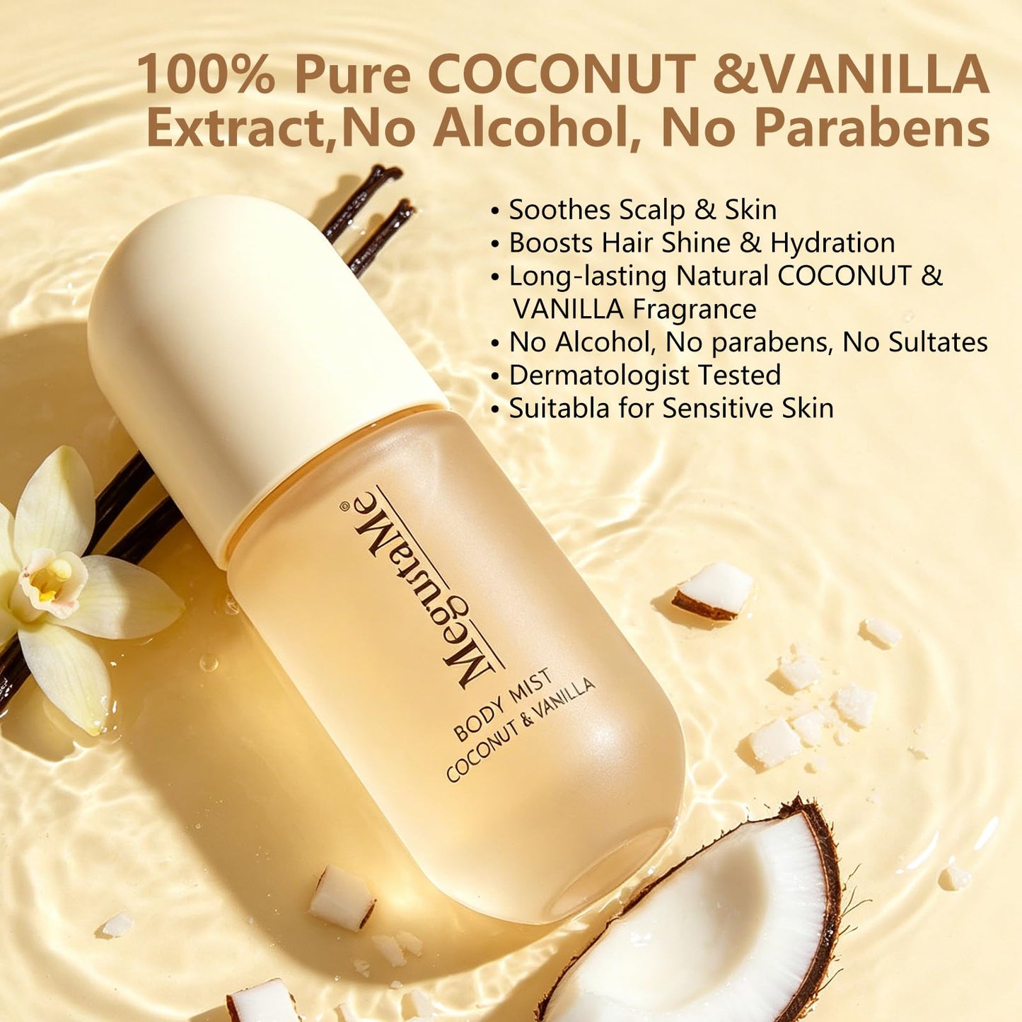 MegustaMe Coconut Vanilla Body & Hair Spray for Women, Long-Lasting Fresh Fragrance, Paraben-Free & Phthalate-Free, 2-in-1 Hair & Body Mist, 3.38 fl oz (100ml)