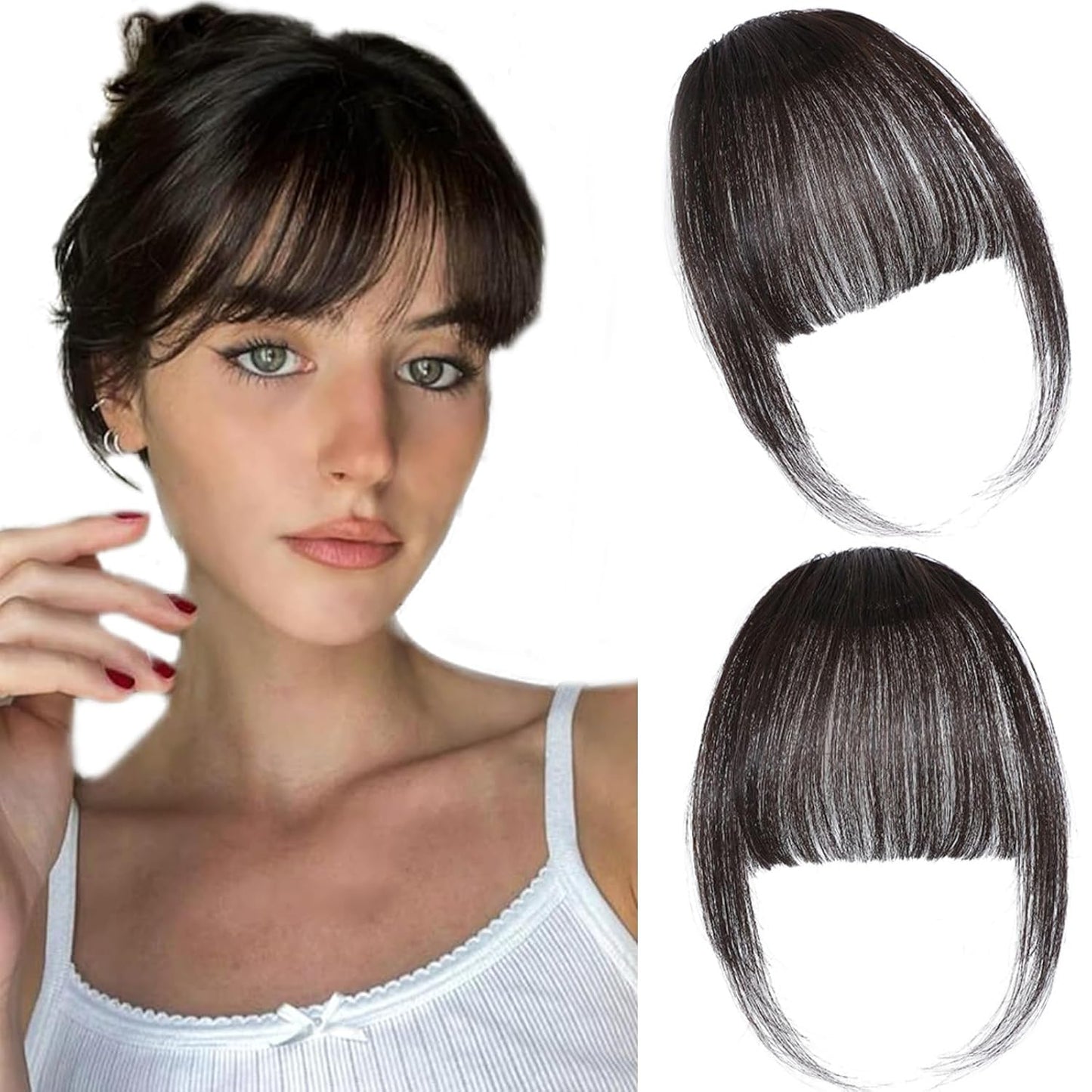 Clip In Bangs - 100% Real Human Hair Extensions | Natural Black Wispy Fringe for Women