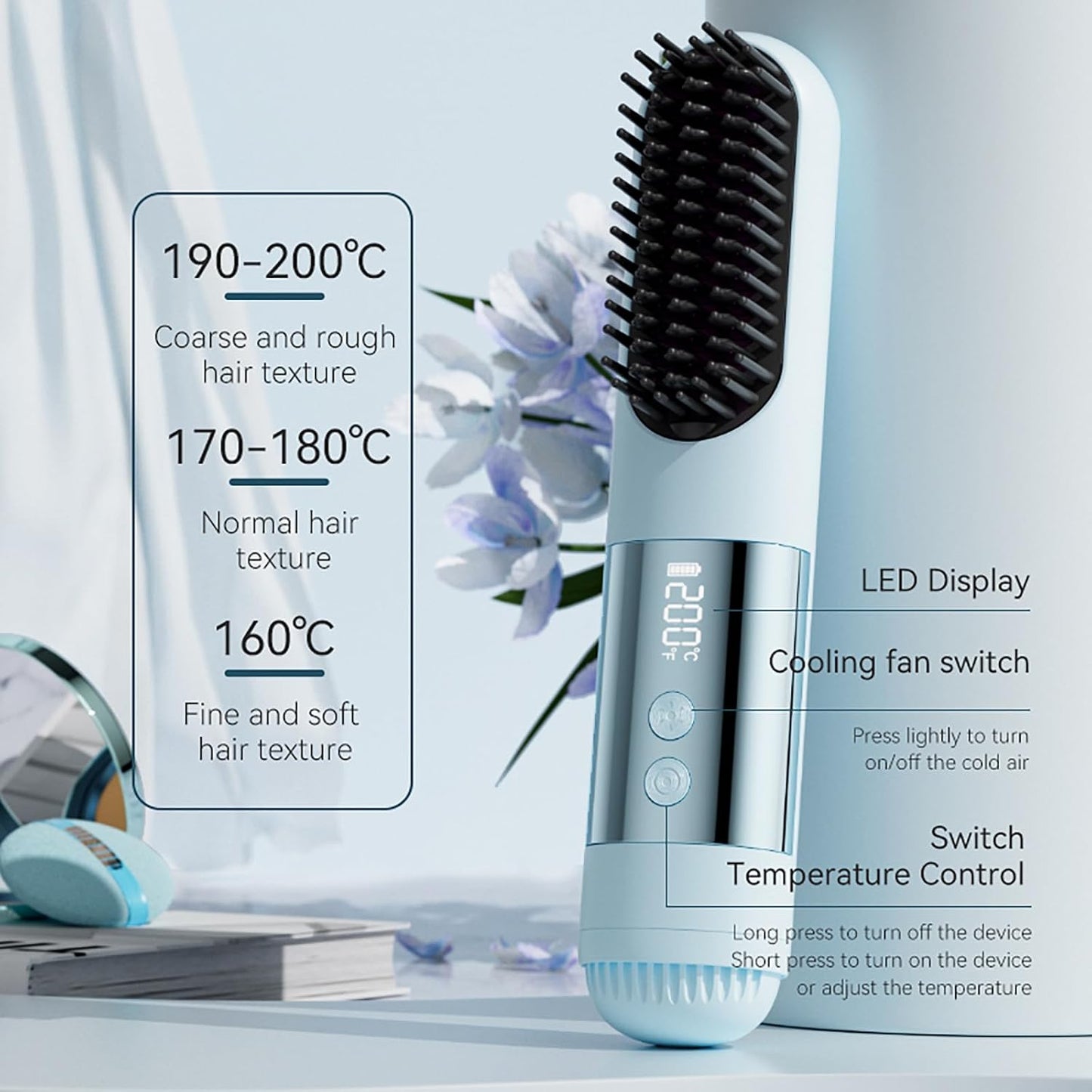 Go Brush Pro - Ionic Ceramic Straightening Brush for Short Hair | 3 Heat Settings, Fast 30s Heat, USB-C Rechargeable (Brown)