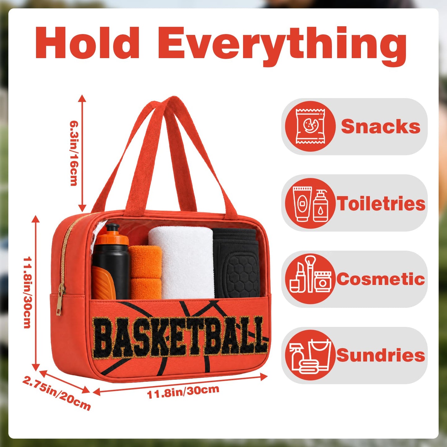 PPeen Basketball Makeup Bag for Women, Clear Chenille Letter Cosmetic Pouch with Zipper, Portable Travel Toiletry Bag, Basketball Gift for Girls