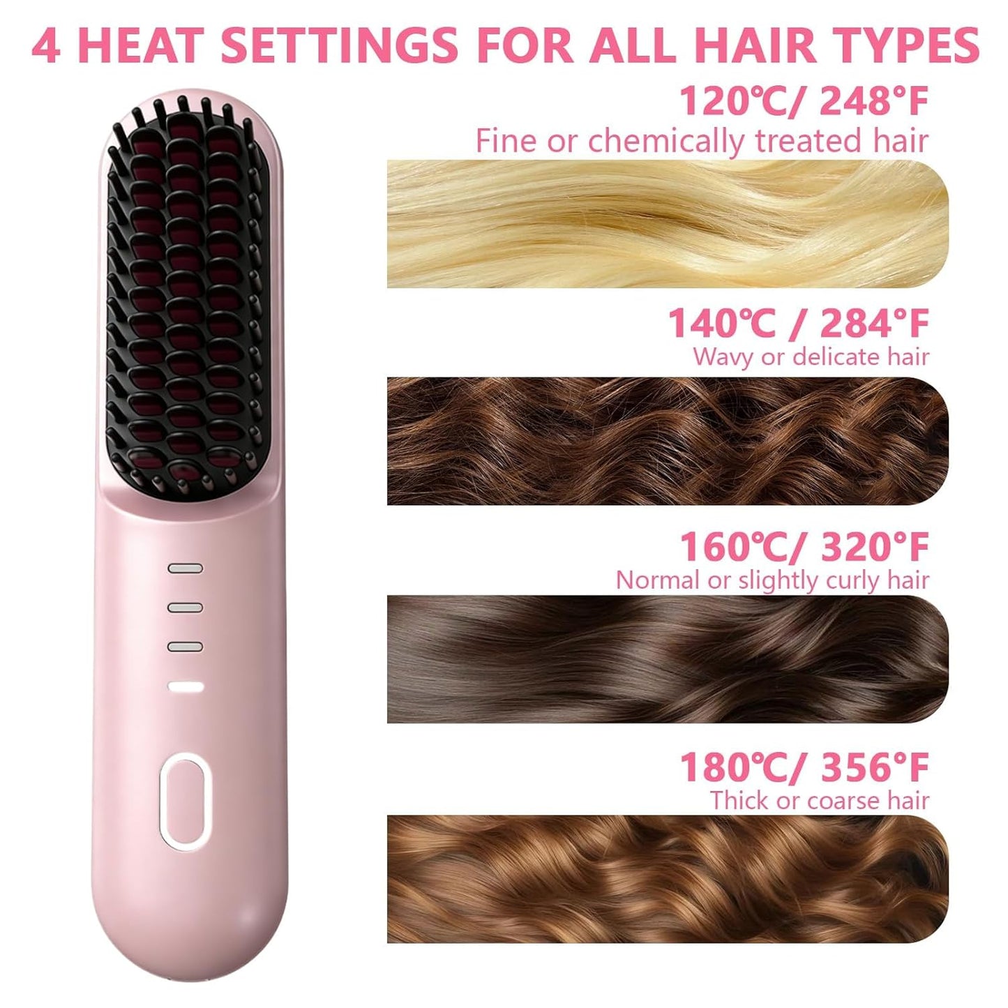Go Brush Pro Cordless Hair Straightening Brush - 2026 Upgrade with 4 Heat Settings, MCH Ceramic Care | Pink