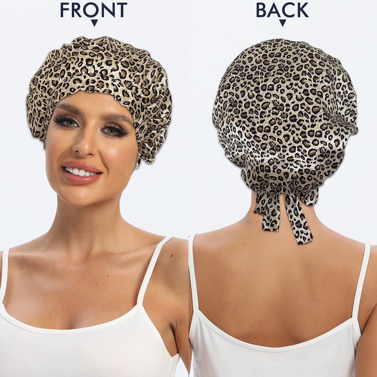 100% Mulberry Silk Bonnet for Sleeping - Double Layer Adjustable Hair Cap | Breathable Leopard Print, 19 Momme