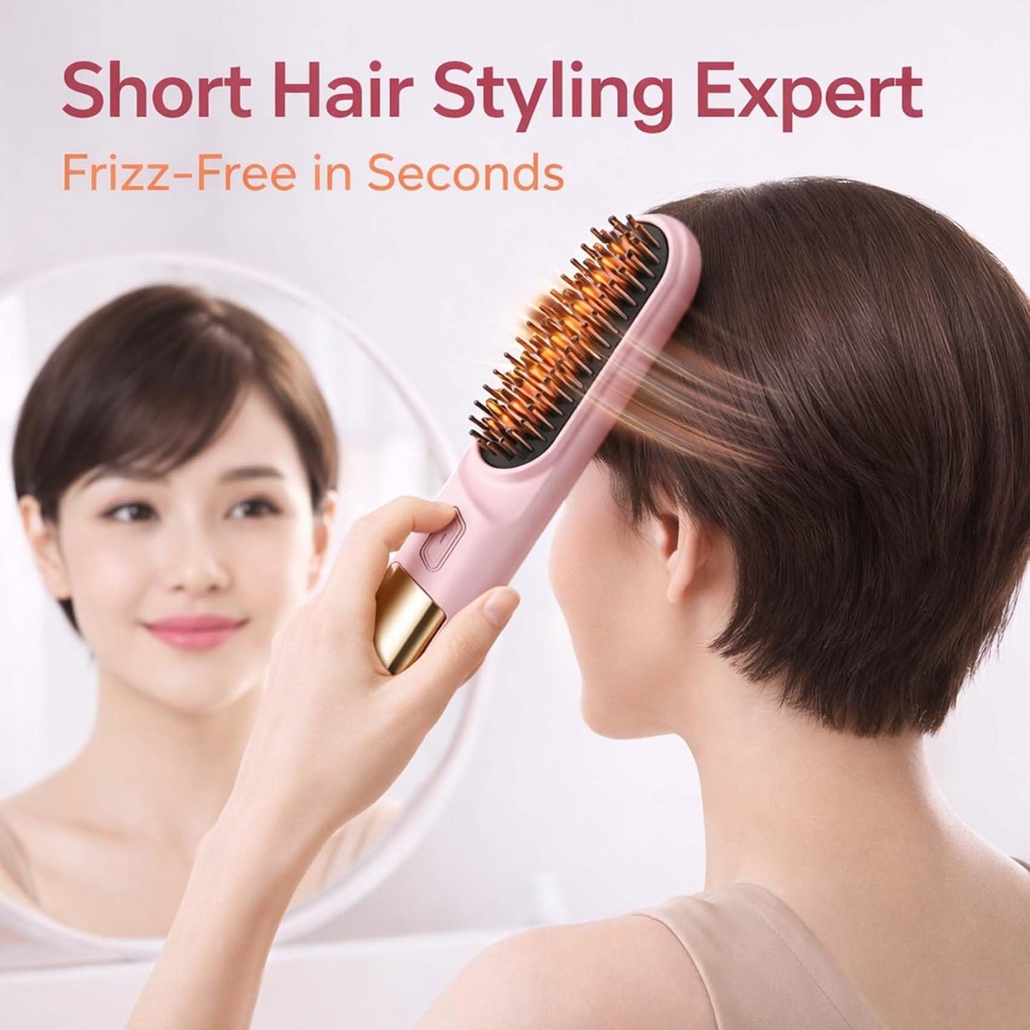 Smart Comb for Short Hair - Cordless Styling Brush with 30s Fast Heat & 4 Temperature Settings | USB Rechargeable (Pink)