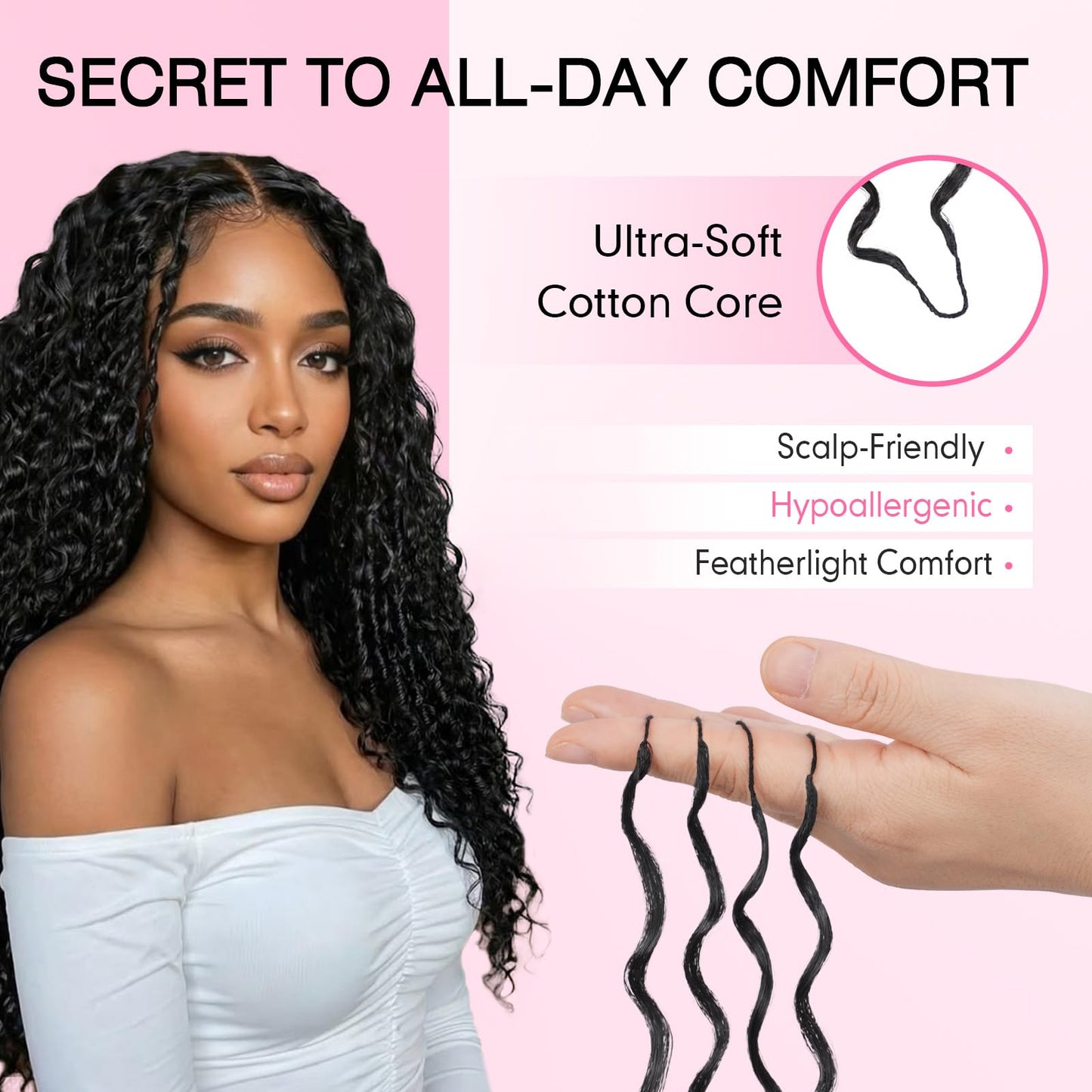 Miracle Knots Feather Crochet Hair (Deep Wave) - 14" Hand-Tied Synthetic Extensions, 120 Strands Soft Cotton Core Glue-Free Knotless Hair Pieces (Natural Black)