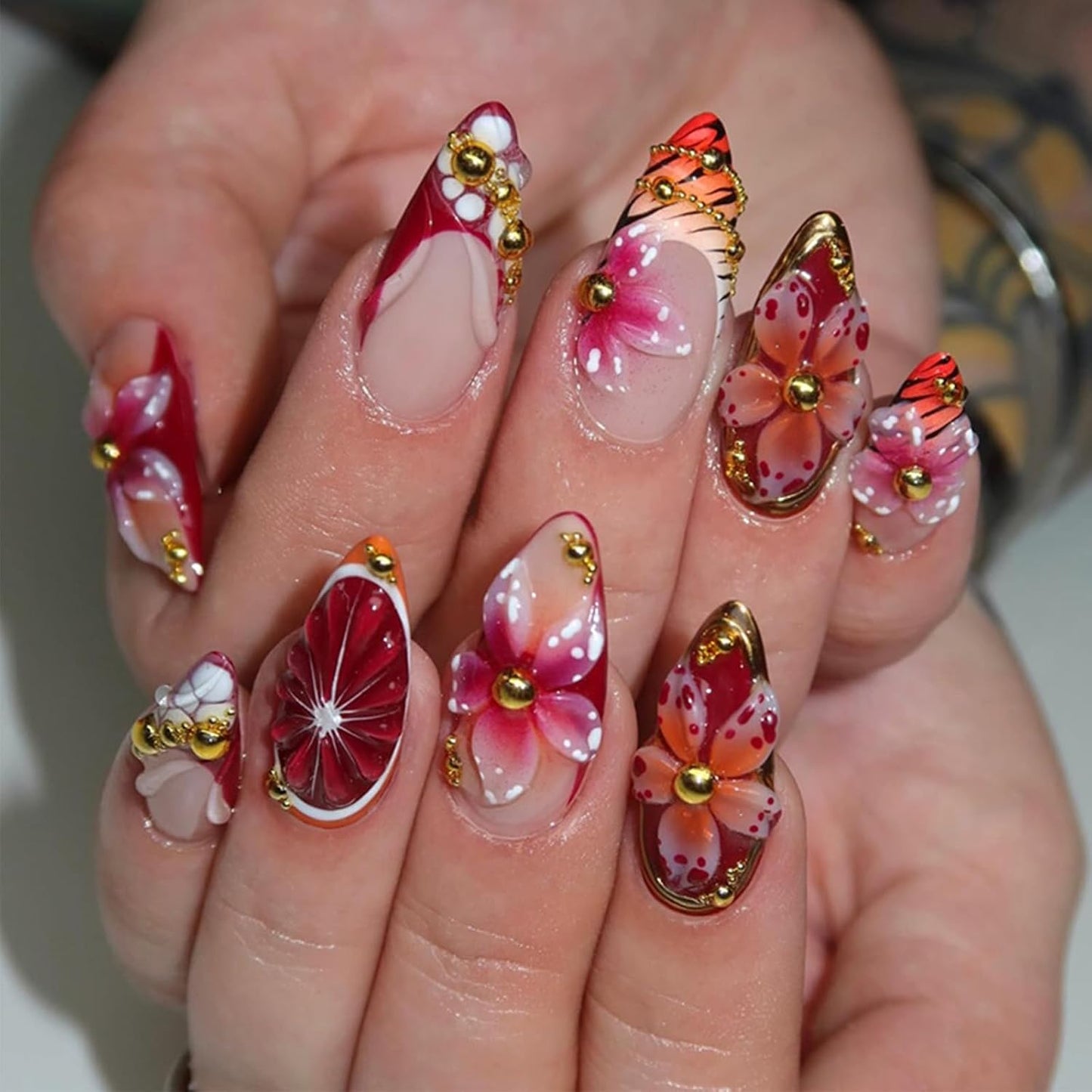 Almond Press-On Nails - White French Tip with 3D Gold Bow | Reusable Acrylic Full Cover, 24 Pcs
