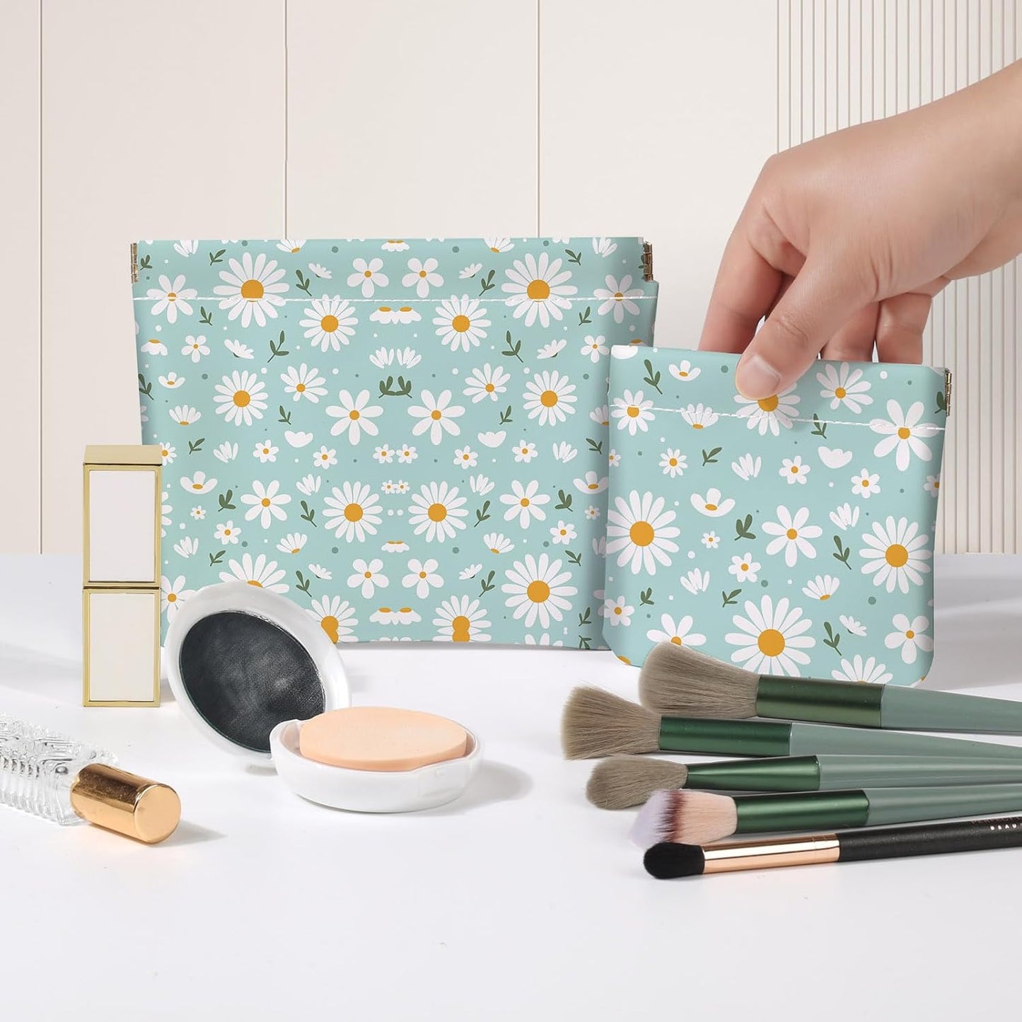 Small Makeup Bag Set - 2 PCS PU Leather Cosmetic Organizer | Portable Self-Closing Pouch for Travel - White Flower Design