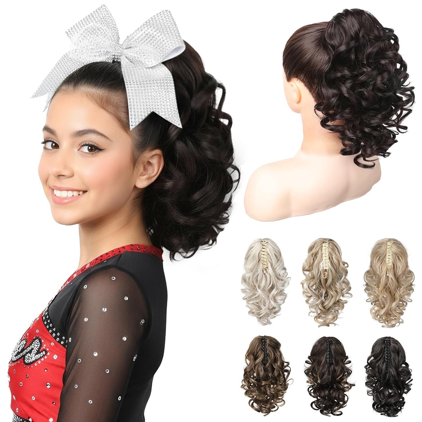 12-Inch Ponytail Extension - Classic Loose Curly Wavy Claw Clip Hairpiece for Women | Chocolate Brown with Highlights