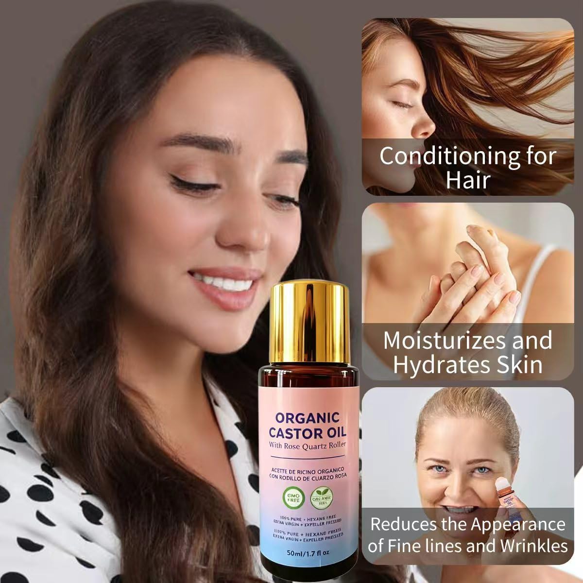 Veuvul Organic Castor Oil Rose Quartz Roller Ball,100% Pure Cold-Pressed Natural Formula for Skin & Hair Care, Hexane-Free.1.7oz (1Pcs)