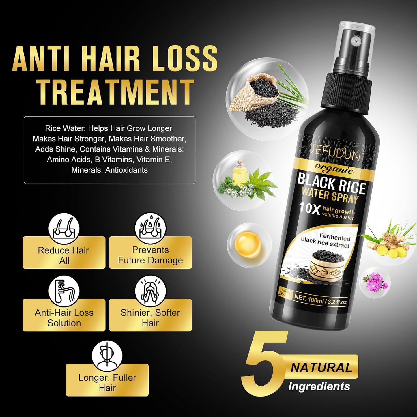 Organic Black Rice Water Spray - Hair Growth Solution with Castor Oil & Ginger Extract | 100ml/3.2 fl.oz