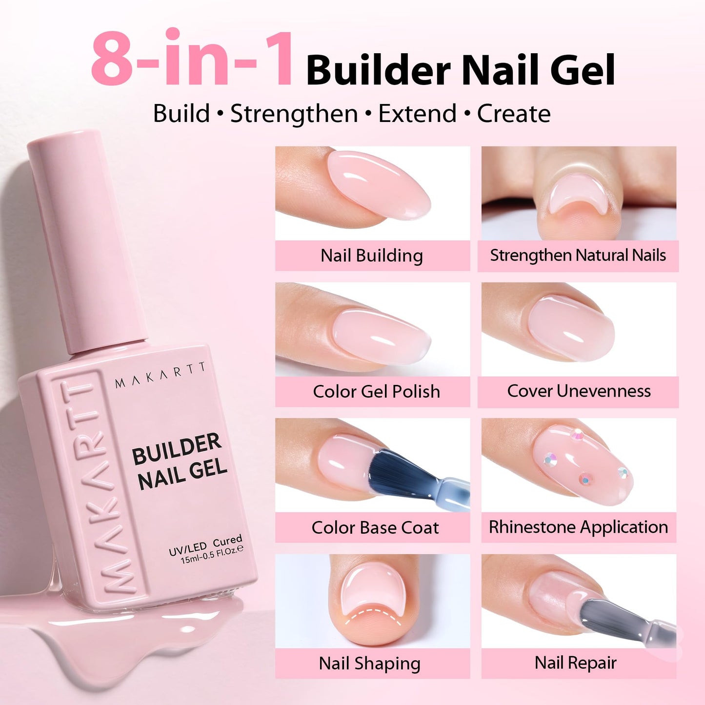 Makartt 8-in-1 Gel Nails Builder: 15ml Nude Pink Builder in a Bottle for Nail Strengthen Rubber Base and Rhinestone Glue, UV Light Cured Gel Builder for Nails - Home User DIY Low Odor
