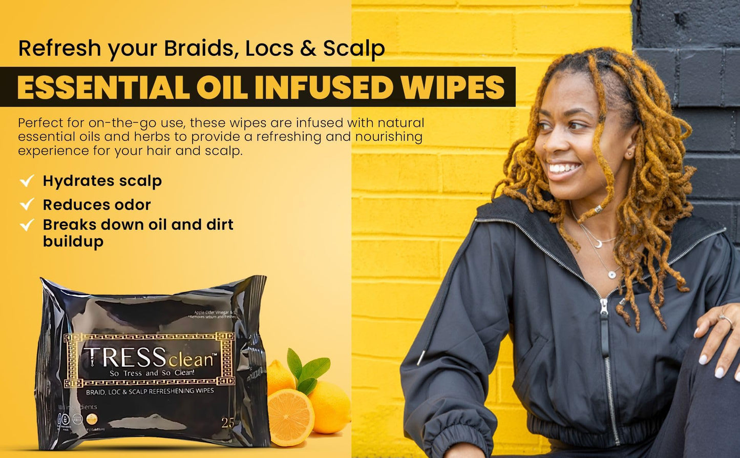 Tress Clean All Natural, Rinse-free Essential Oil Scalp Cleansing Refresh Wipes - Soothing Hair Cleansing Shampoo Wipes. Deodorizing Scalp Detox for Braids & Locs