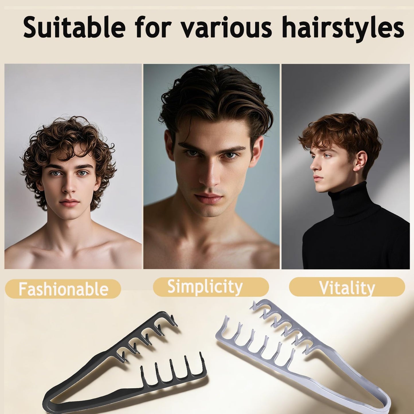 2 Pcs Texture Comb men, Upgrade Voluminous wide-toothed hair comb Men's fluffy texture, Apparatus Maximum Lift Roots Volume Tool, ABS Plastic with Textured Grip Tool for Men (Black+Grey)