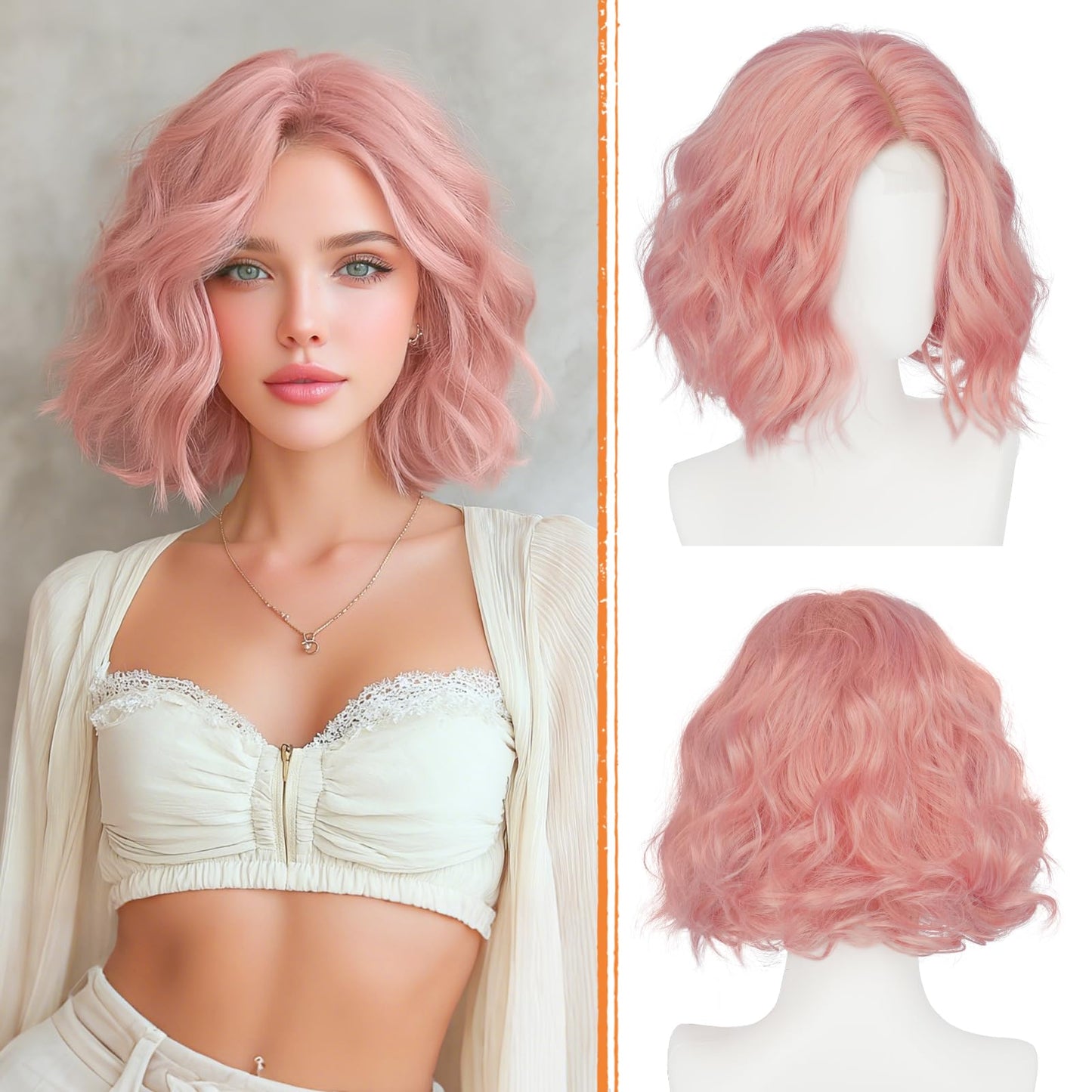 Haloo Pink Bob Wig for Women Lace Front Hairline Short Soft Wavy Curly Natural Looking Middle Part Synthetic Hair Wigs for Daily Party, 11 Inch