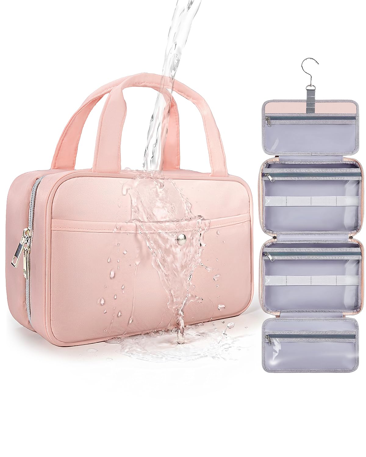 Chakipee Travel Hanging Toiletry Bag for Women - Waterproof Cosmetic Organizer with Clear Window, Lightweight Bathroom Bags for Essentials, Makeup, Shampoo, Toiletries Pink, Medium