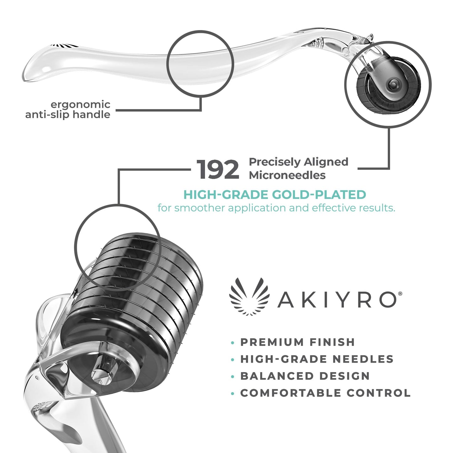 AKIYRO Derma Roller Titanium - 0.30mm Microderm Roller - Microneedle Roller with Case - Personal Use Microneedling Roller -192 Micro Needle Dermal Roller - At Home Microdermabrasion Face Roller