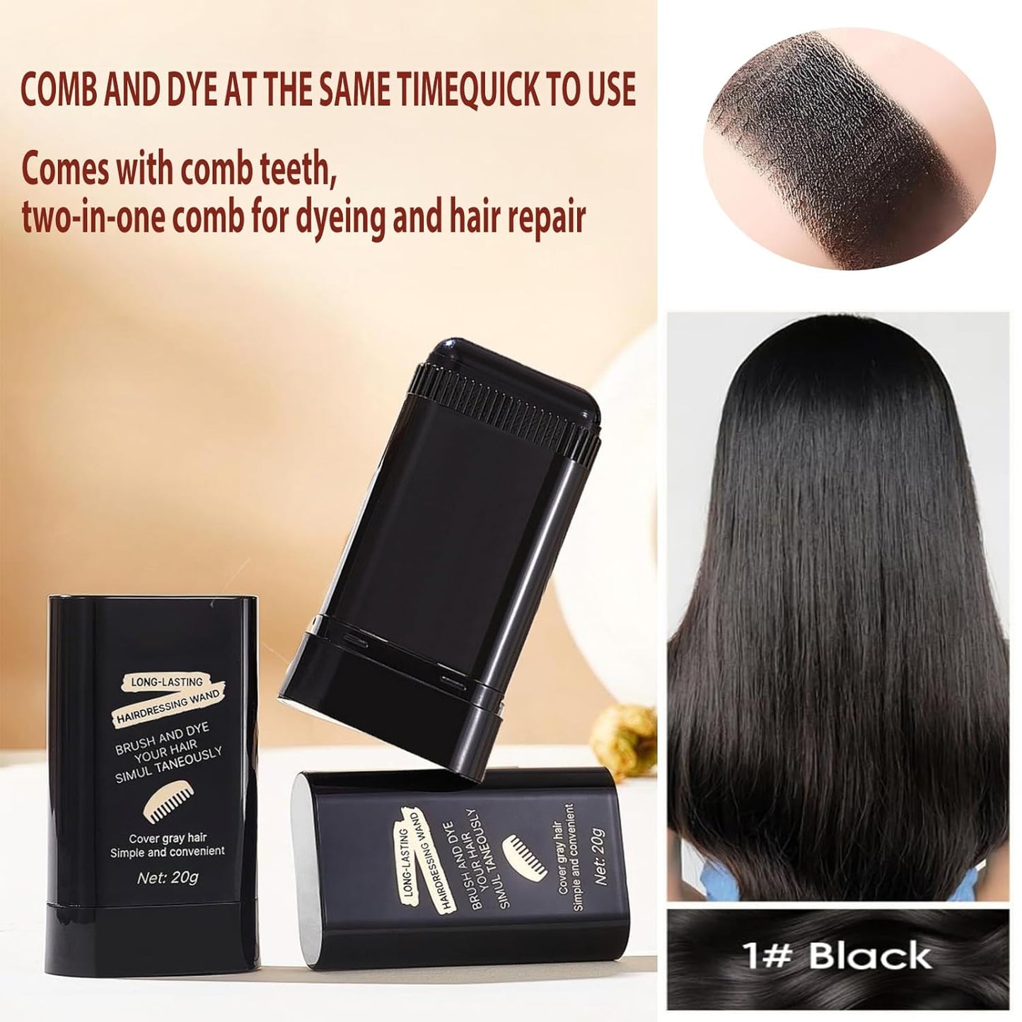 Hair Color Stick & Comb - 2-in-1 Waterproof Root Touch-Up Tool for Men & Women | Black (2PCS)