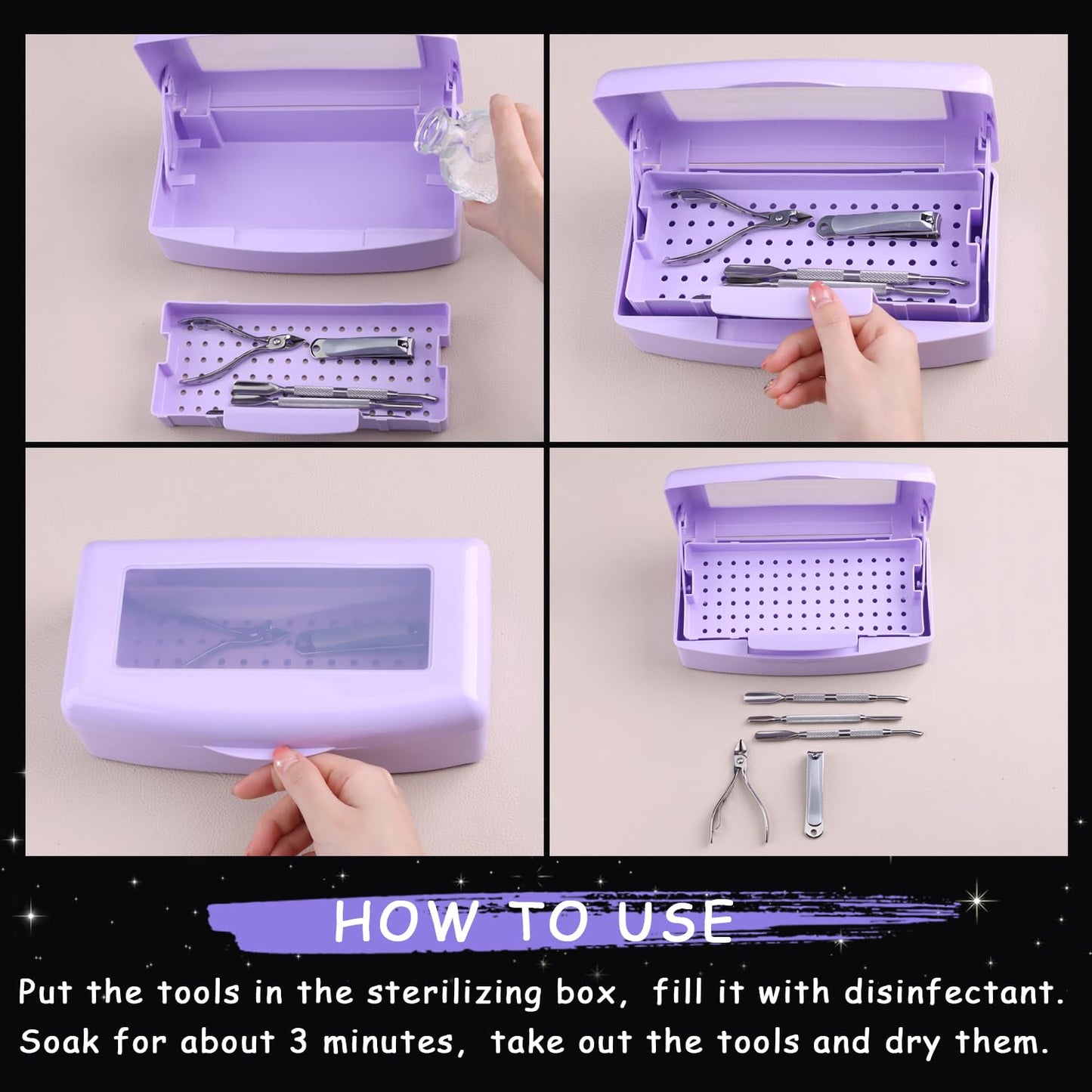 Nail Tool Sterilizer Box Plastic Disinfectant Container for Nail Art Accessories Tools, Sterilizer Soaking Box with Strainer Pedicure Manicure Cleaning Equipment, Purple