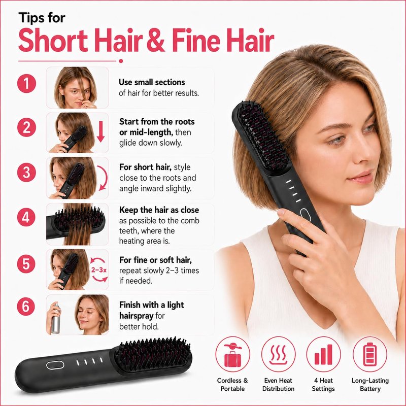 Go Brush Pro - Cordless Hair Straightening Brush for Short Hair | 4 Temperature Settings, MCH Ceramic, Fast Heat, 4000mAh Battery (Black)