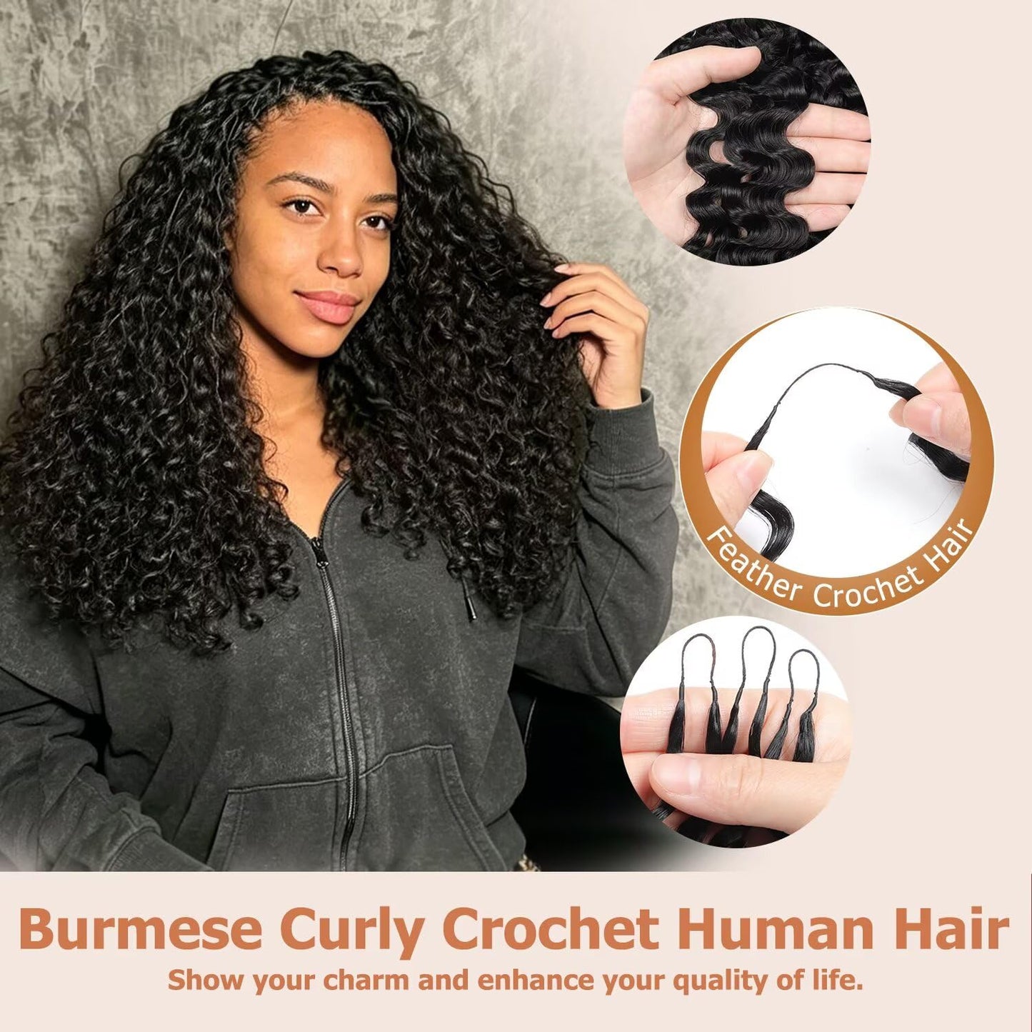 Burmese Curly Crochet Human Hair 18 Inch Miracle Knots Hair 200 Strands 250g Human Crochet Hair for Black Women Pre-separated Invisible Miracle Knots Feather Crochet Human Hair Extensions Black