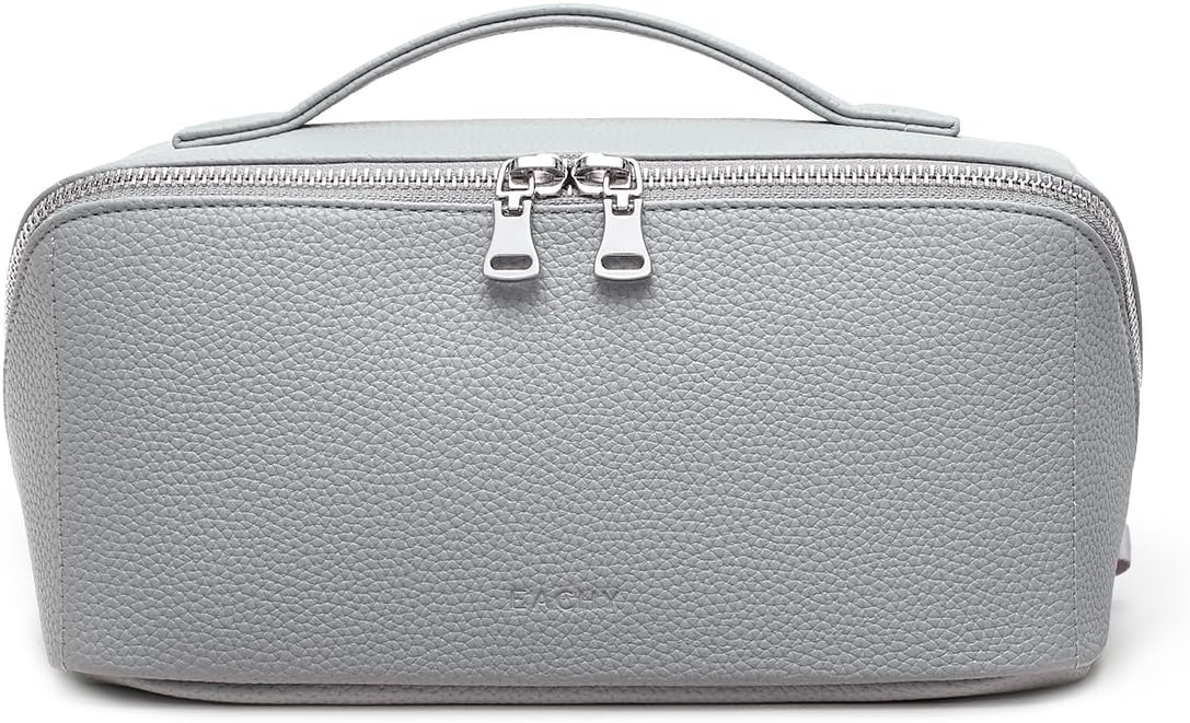 Travel Makeup Bag - Large Capacity Lychee Leather Cosmetic Organizer | Waterproof Toiletry Bag with TPU Brush Compartment