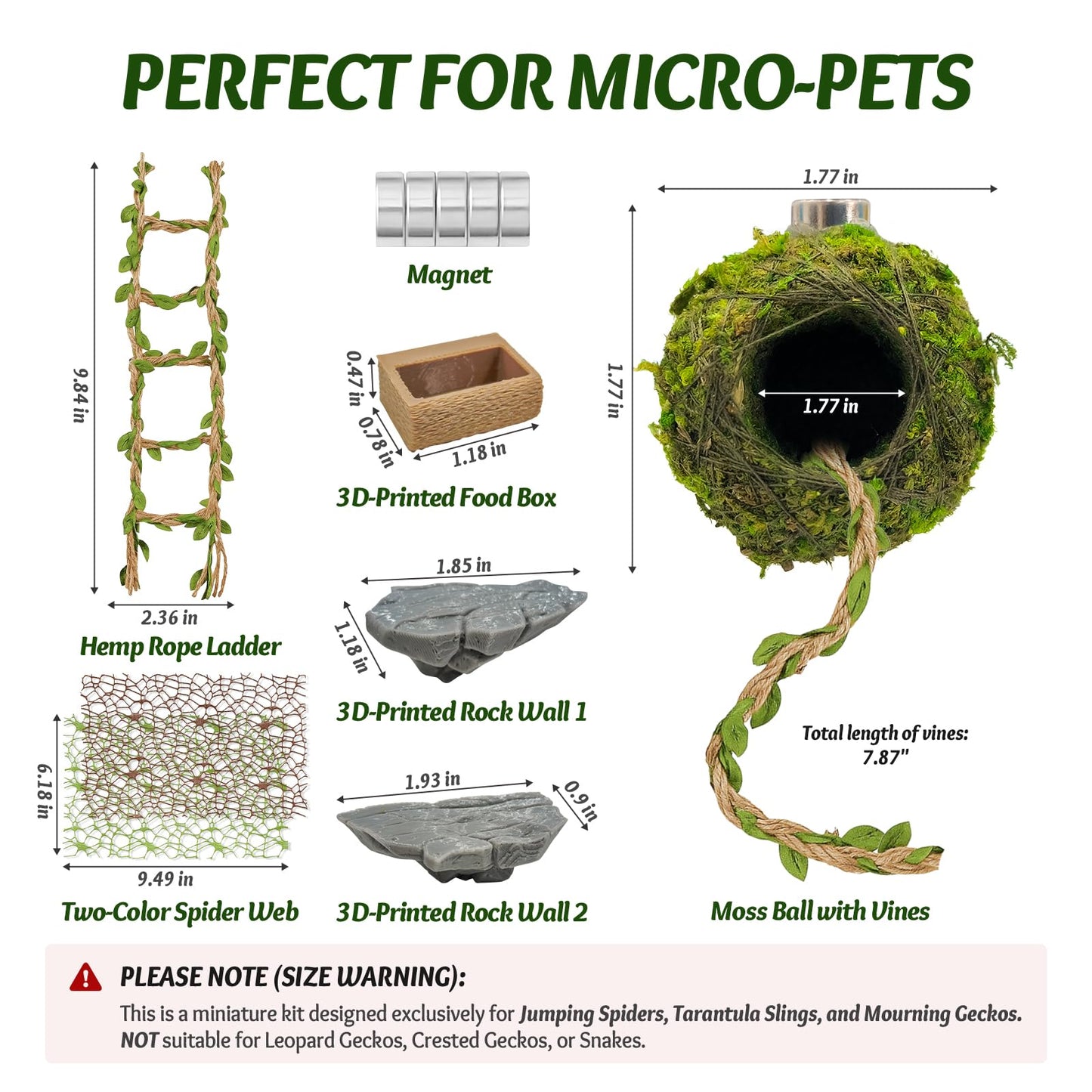 Jumping Spider Enclosure Accessories Kit - Magnetic Moss Ball Hideout, 2 Rock Ledges, Feeding Bowl, Climbing Mesh Nets & Rope Ladder - Natural Forest Habitat Decor for Regal (Moss Cave with Rope)