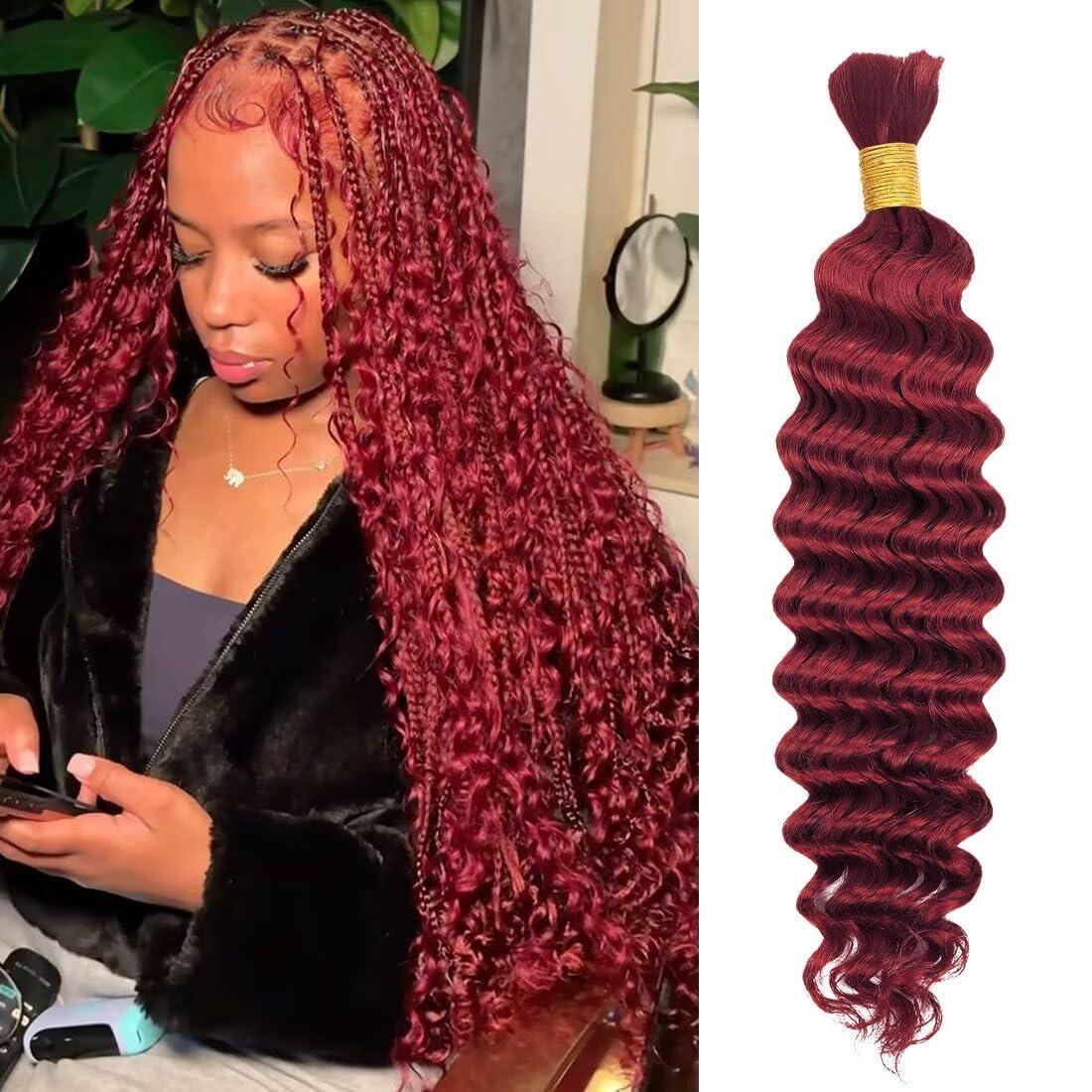 Unprocessed Human Hair for Braiding - #99J Burgundy Curly Bulk Hair | 26 Inch, 50g, 12A Grade