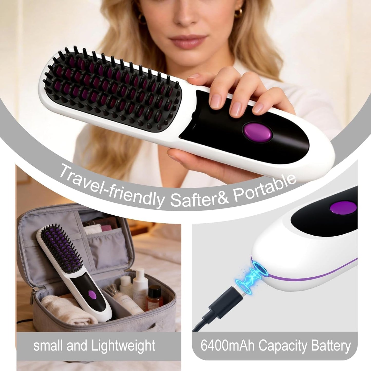 Portable Straightener Brushs for Travel, with LCD Temperature Display, Fast Heating Cordless Mini Hair Brushs (White)