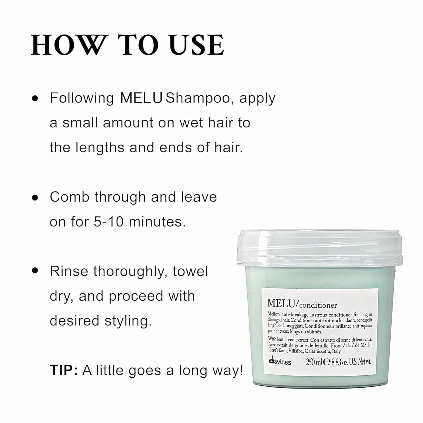 Davines MELU Conditioner - Anti-Breakage Treatment for Long, Damaged Hair | Smooths Split Ends & Strengthens Strands