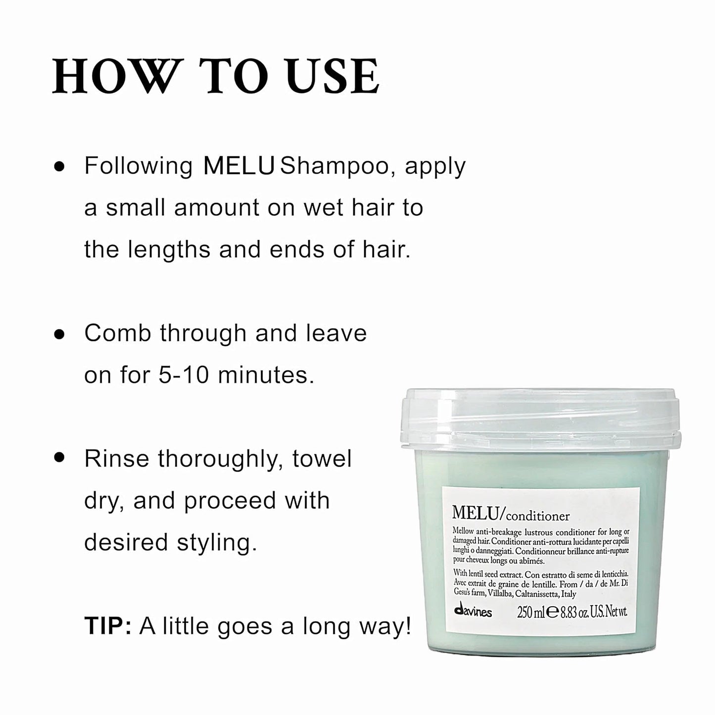 Davines MELU Conditioner, Nourishing Light Anti-Breakage Emollient Formula for Long or Damaged Hair - Smooths and Softens Split Ends Weightless with Lentil Seeds, Travel Size, 2.54 Fl Oz