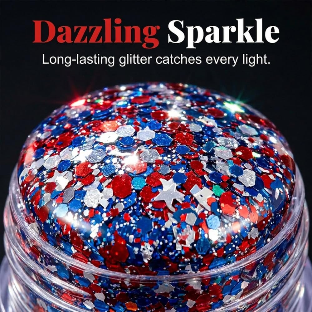 4th of July Glitter Stick, 2026 New Patriotic Hair Face Body Glitter Stick for Independence Memorial Day, Red White and Blue Body Glitter Stick Fourth of July Accessories Outfits for Women (A*1 PCS)