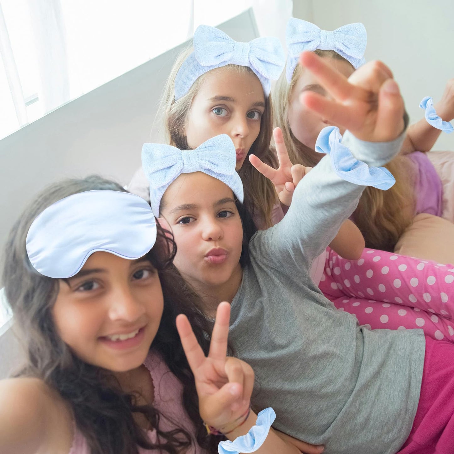 WHAVEL 18 Pcs Sleepover Party Supplies for Girls - Sleepover Party Favors Include 6 Spa Headband, 6 Silk Eye Mask and 6 Velvet Scrunchies for Spa Birthday, Bachelorette, Slumber (Blue)